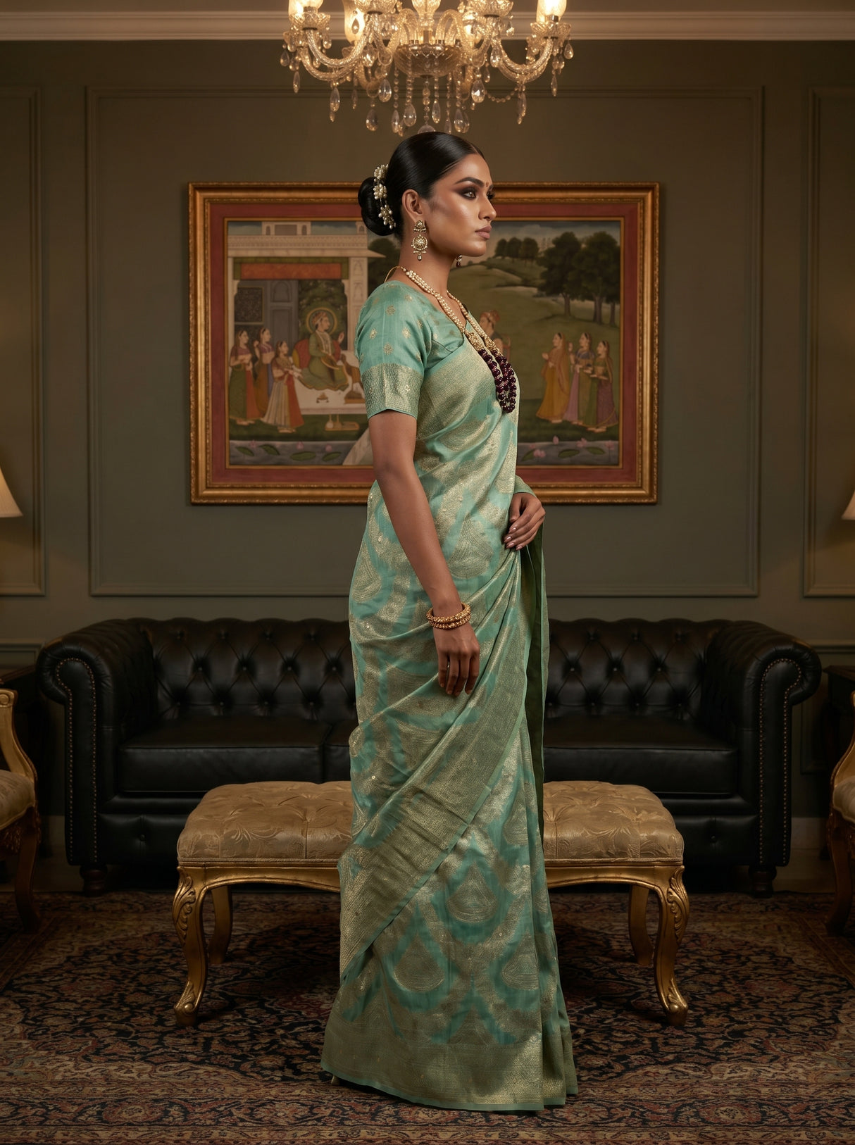 MIMOSA Rama Banarasi Art Silk Saree β Model in a festive setting