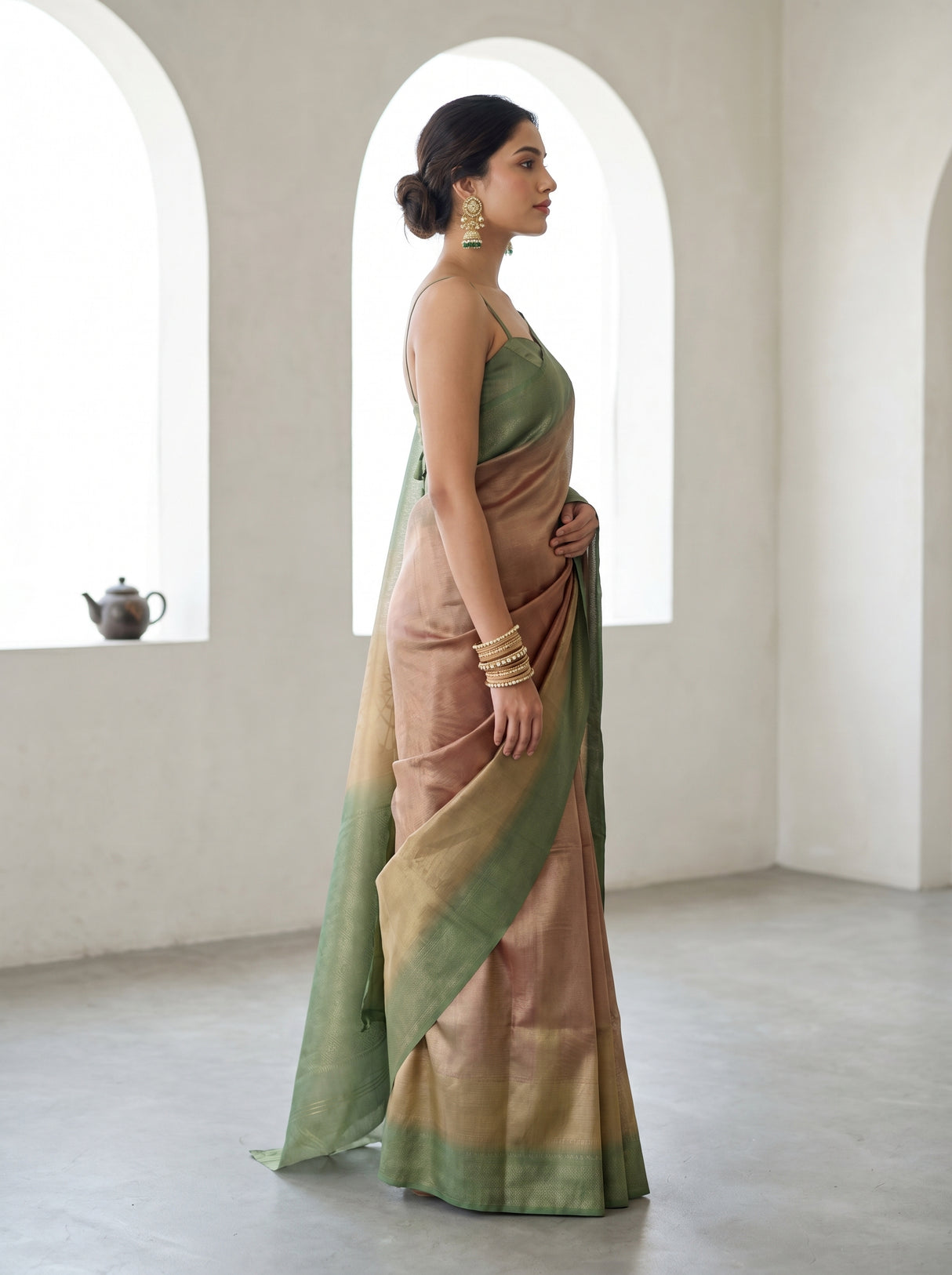 MIMOSA Green Banarasi Art Silk Saree β Model standing pose