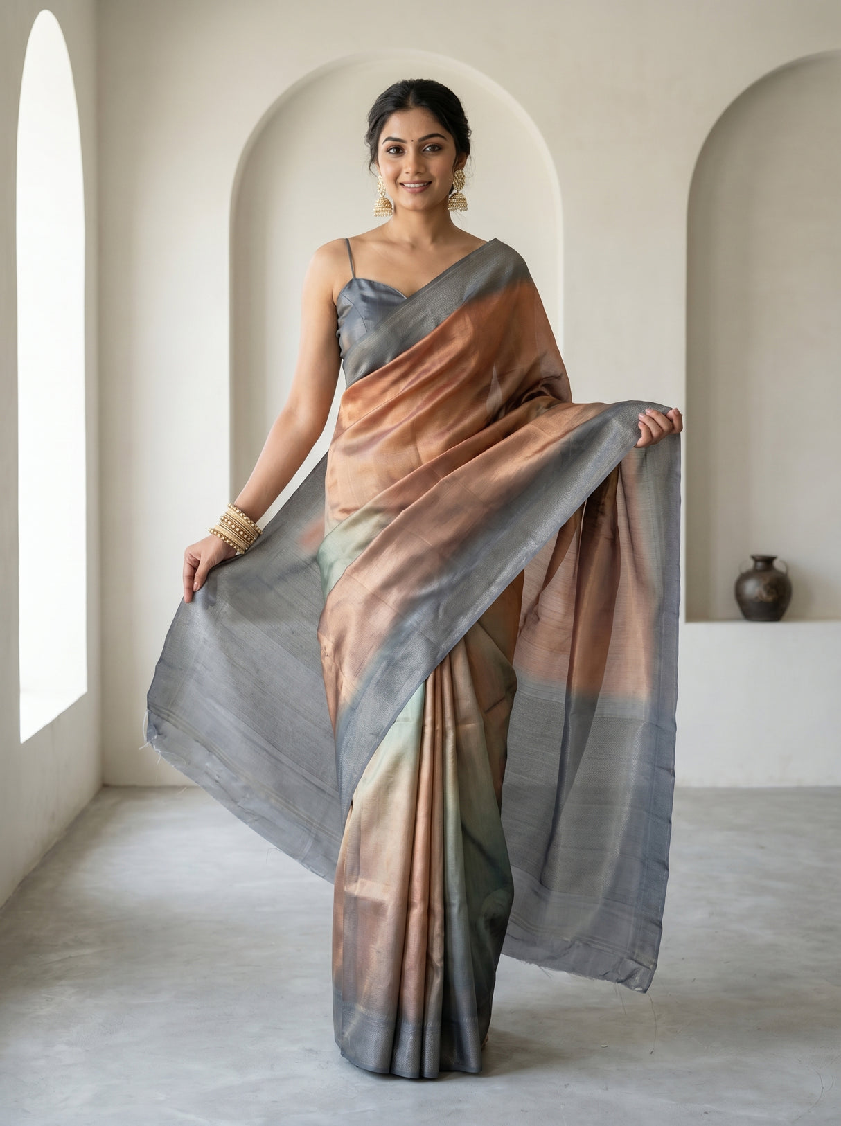 MIMOSA Grey Banarasi Art Silk Saree β Mannequin front view