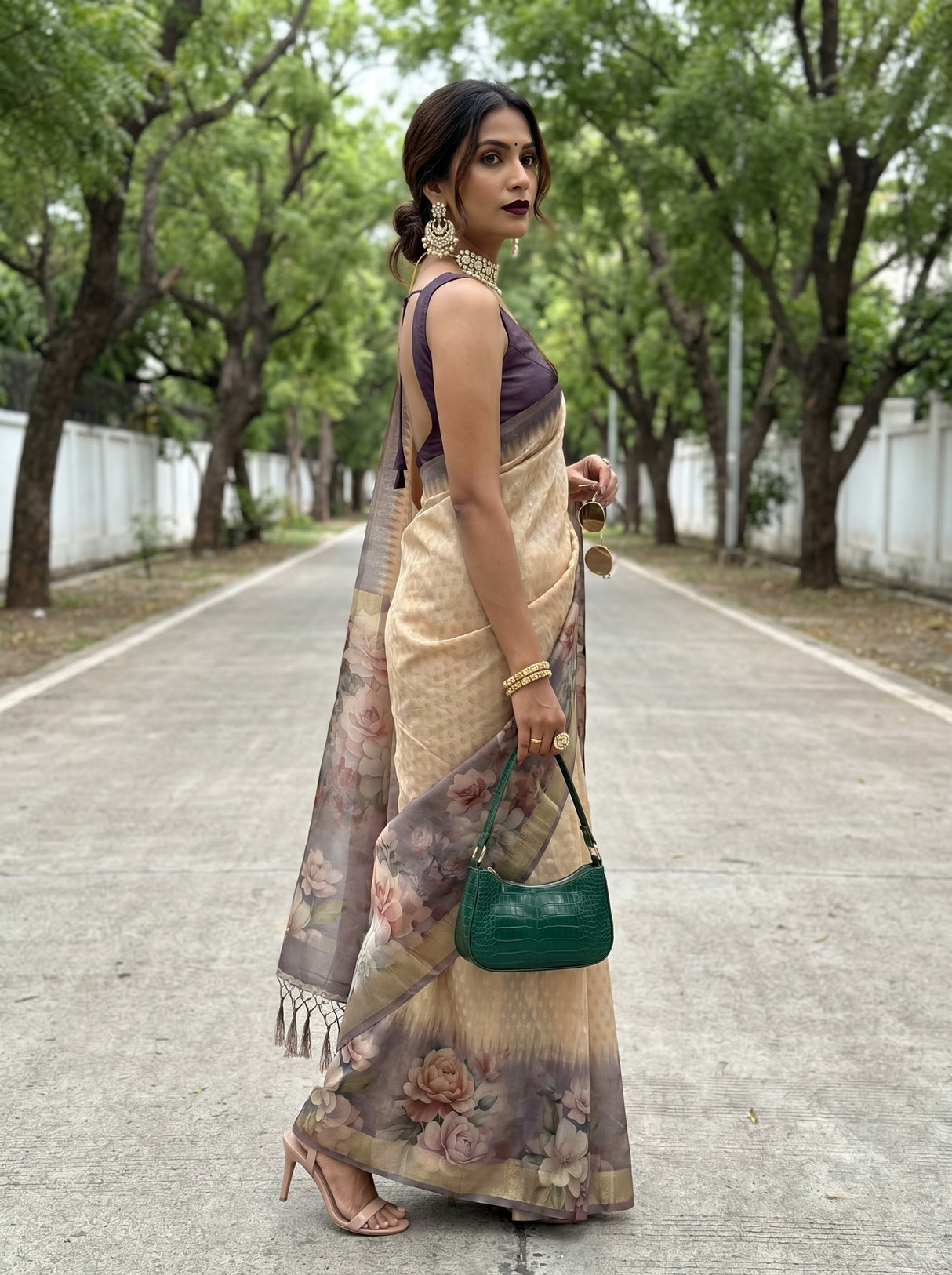 MIMOSA Chikoo Banarasi Art Silk Saree β Lifestyle Model Pose