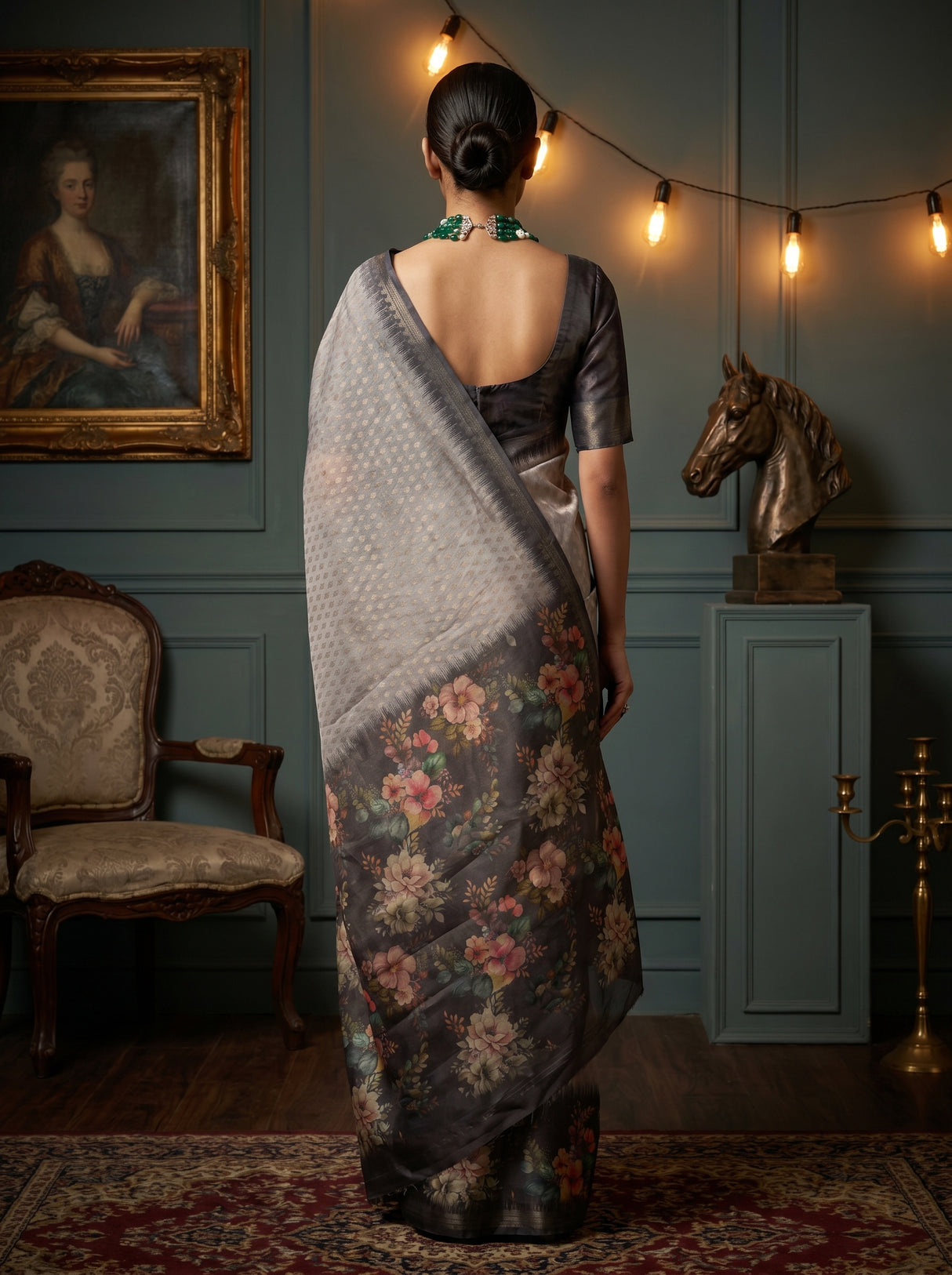 MIMOSA Grey Banarasi Art Silk Saree β Unstitched Blouse Fabric