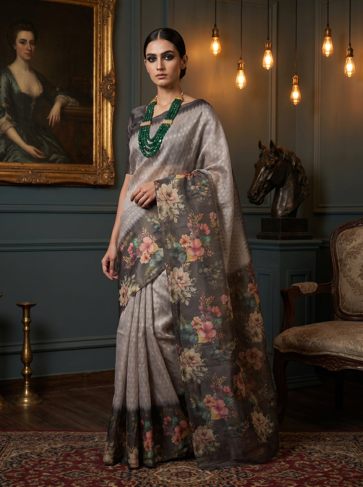 MIMOSA Grey Banarasi Art Silk Saree β pose 5 styling detail