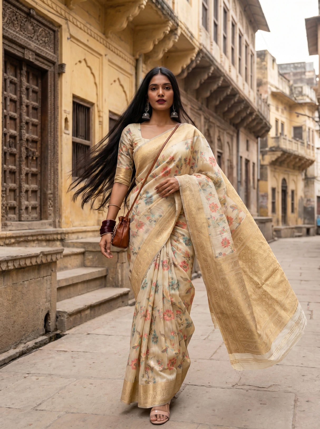 MIMOSA Chikoo Banarasi Linen Saree β Mannequin Draped View