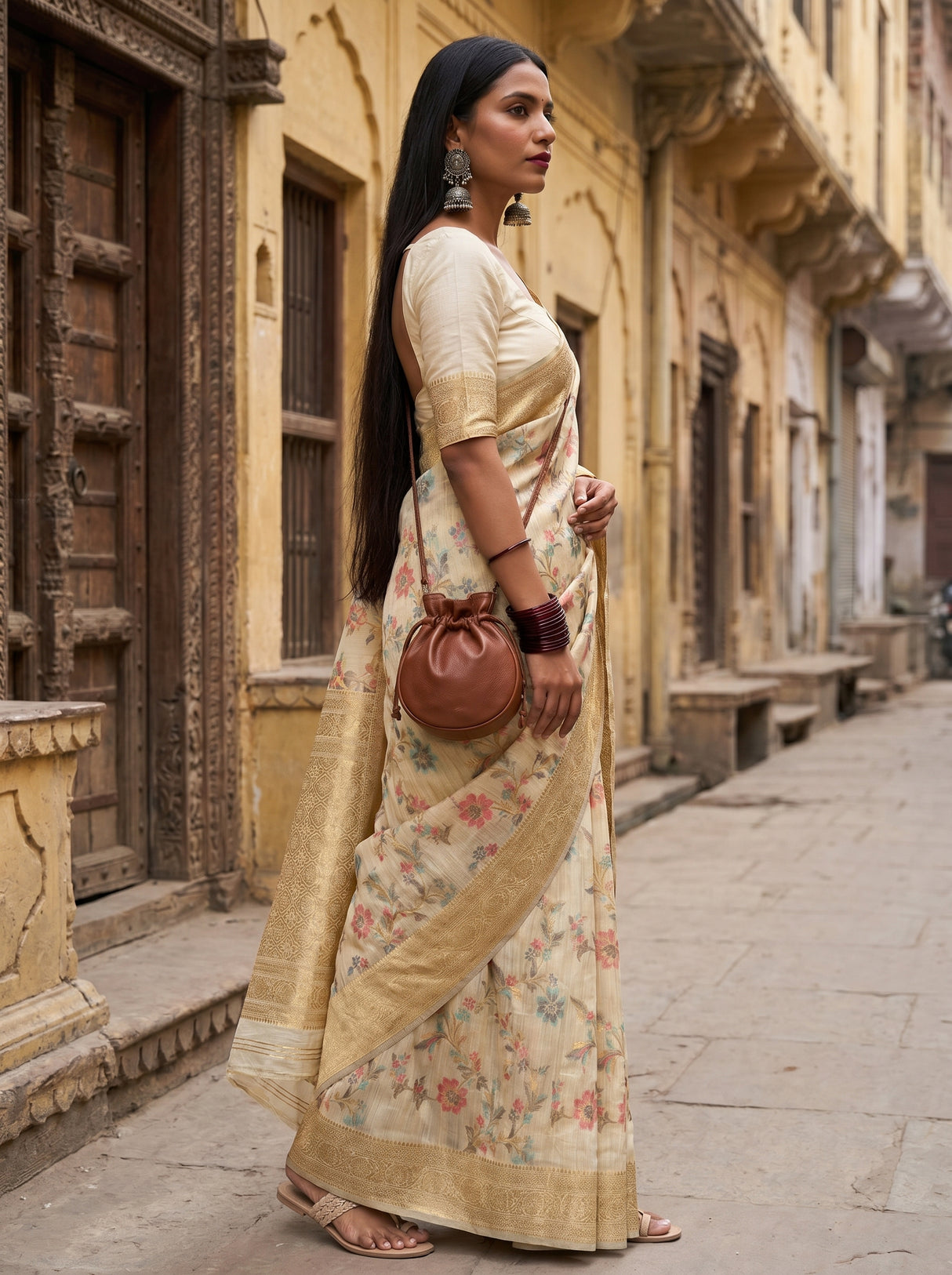 MIMOSA Chikoo Banarasi Linen Saree β Model Lifestyle Pose