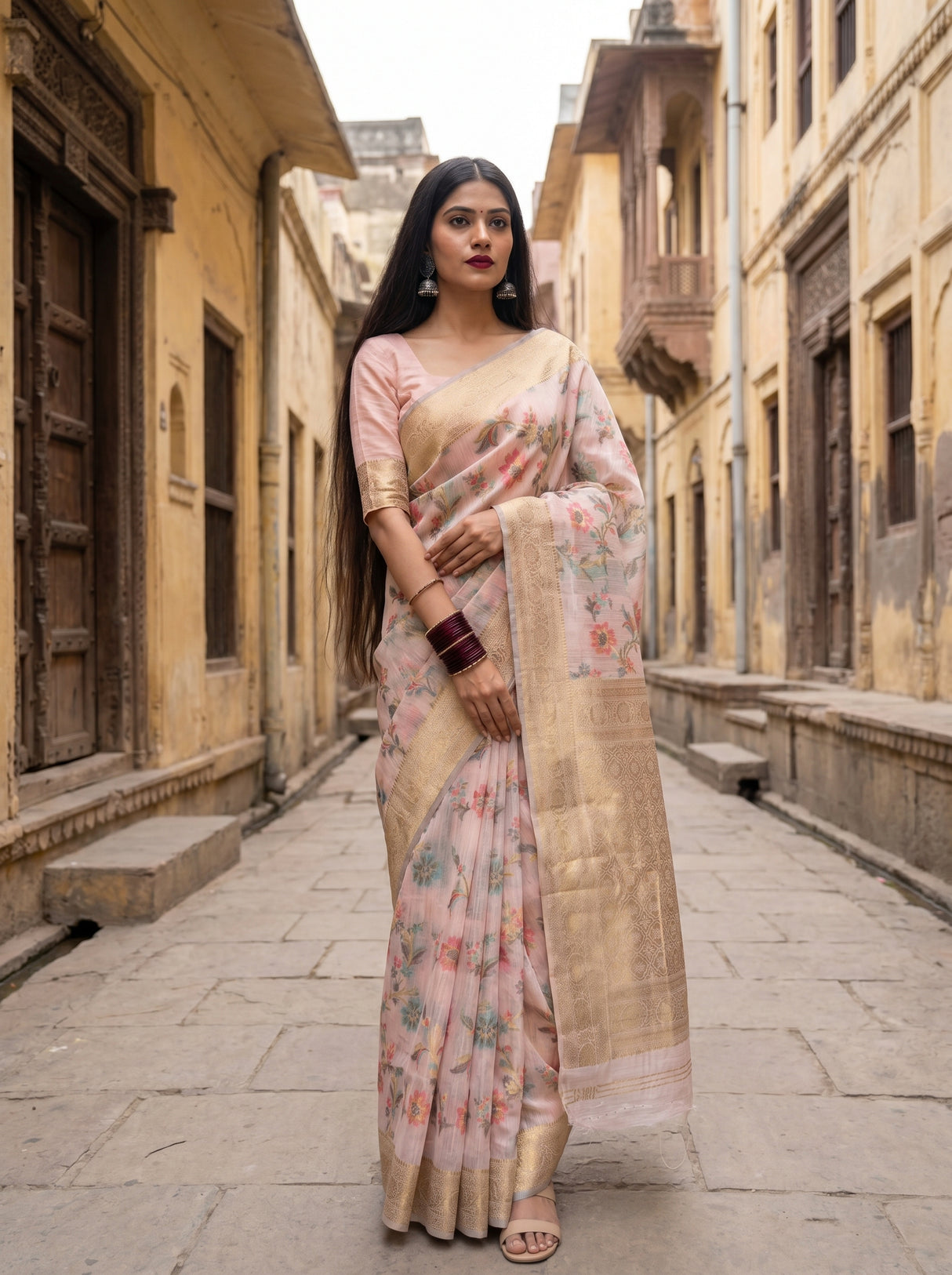 MIMOSA Pink Banarasi Linen Saree β Mannequin Draped View