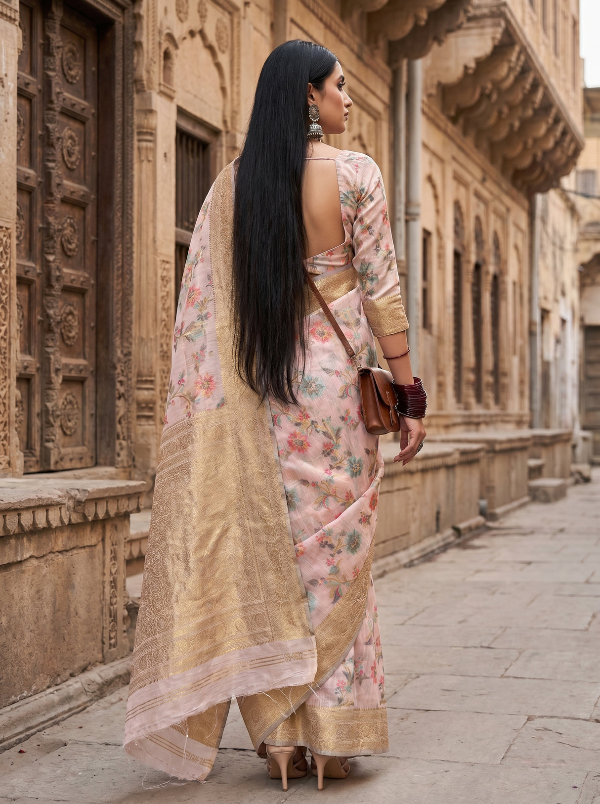 MIMOSA Pink Banarasi Linen Saree β Unstitched Blouse Fabric