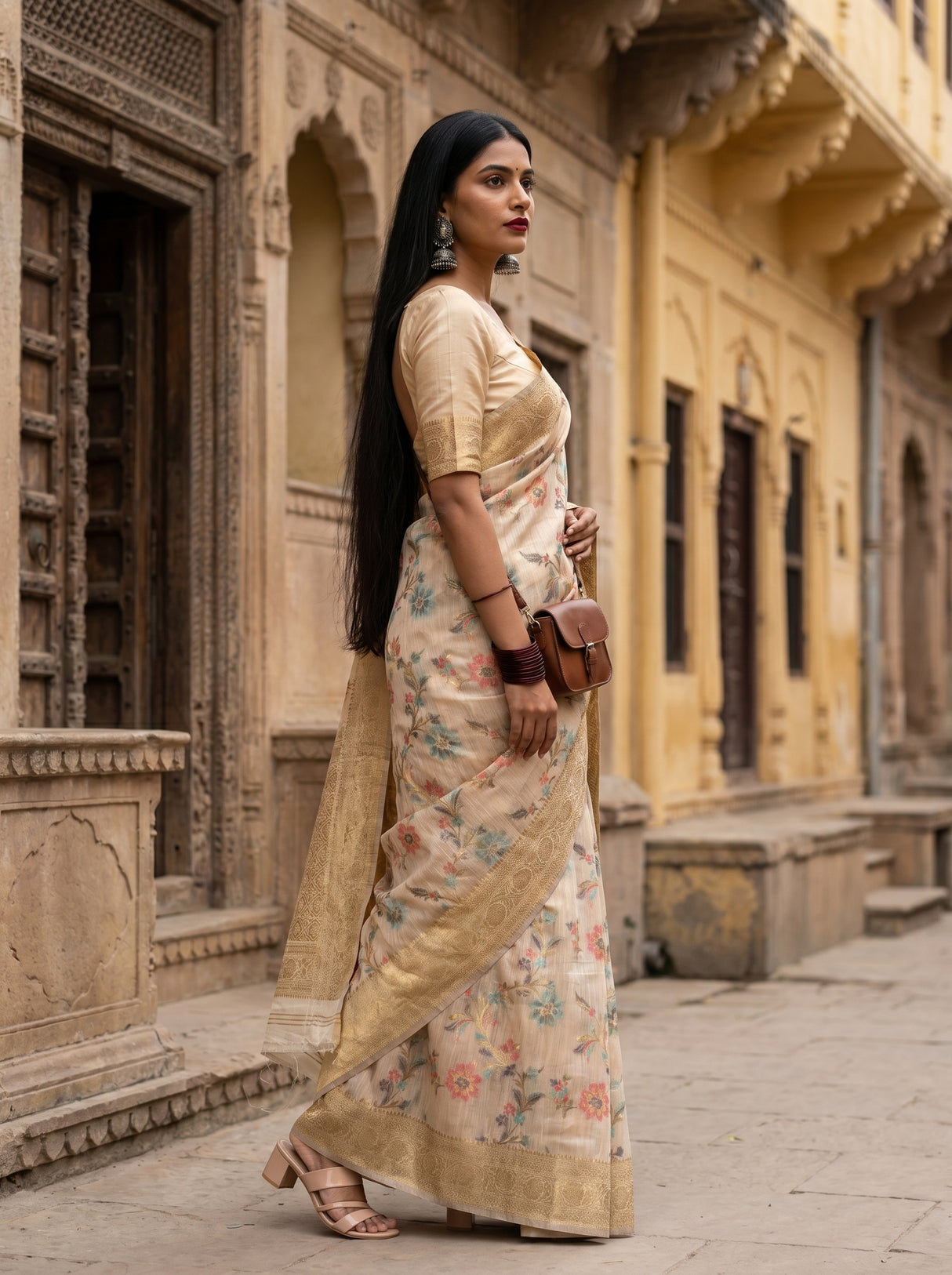 MIMOSA Pista Banarasi Linen Saree β Model Lifestyle Pose