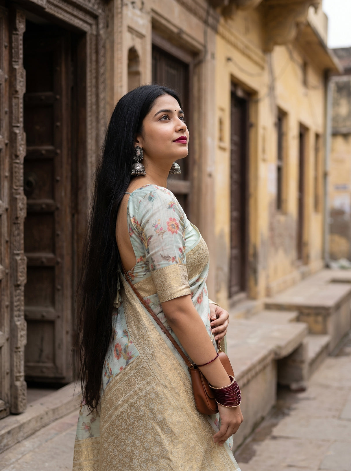 MIMOSA Rama Banarasi Linen Saree β Unstitched Blouse Fabric