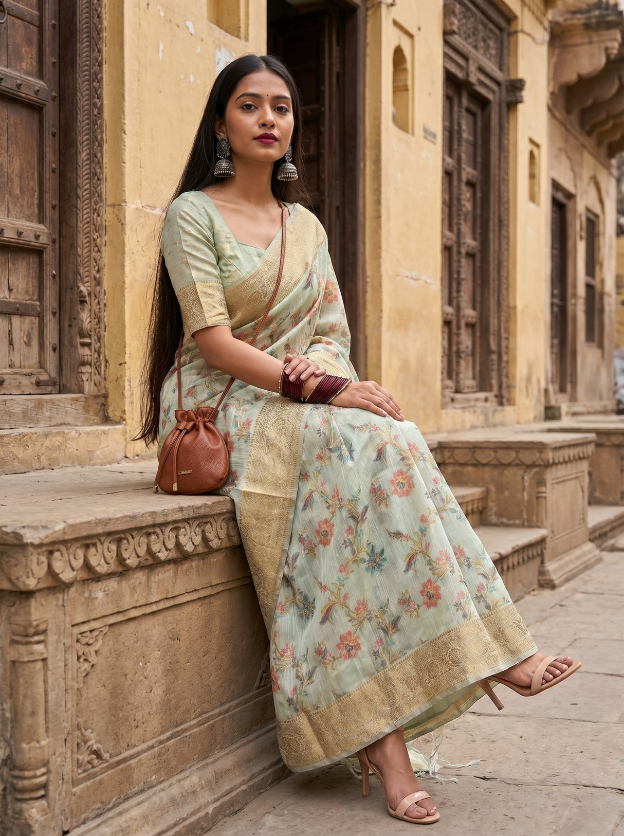 MIMOSA Rama Banarasi Linen Saree β Model Lifestyle Pose