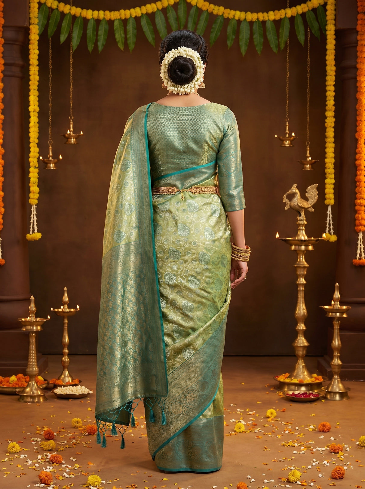 MIMOSA Olive Kanjivaram Art Silk Saree β Unstitched Blouse Fabric