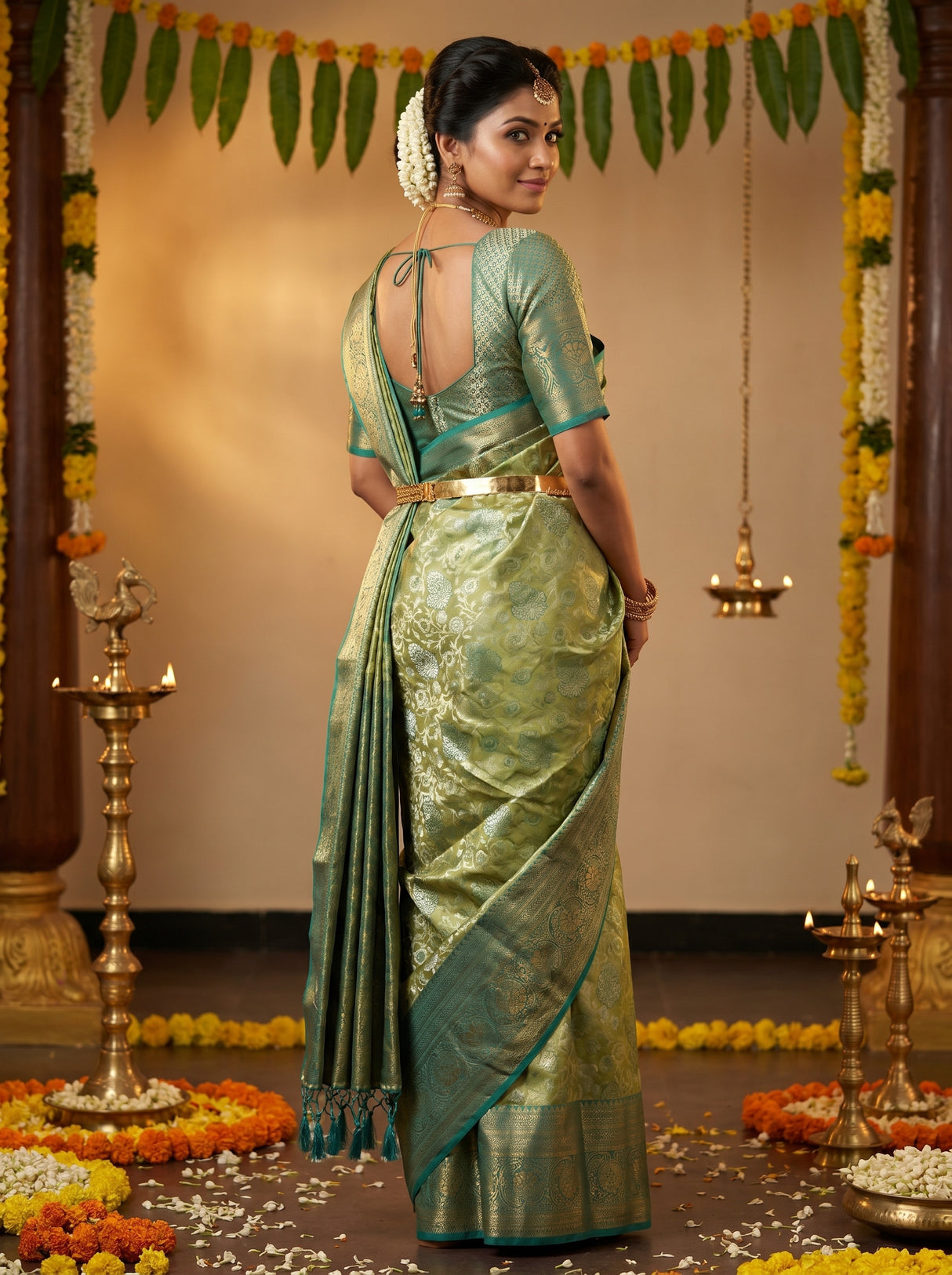 MIMOSA Olive Kanjivaram Art Silk Saree β pose 9 styling detail