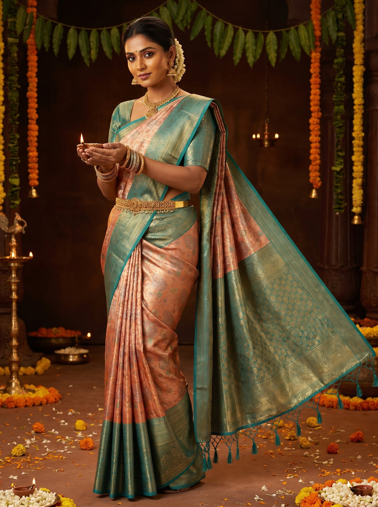 MIMOSA Orange Kanjivaram Art Silk Saree β Full View on Model
