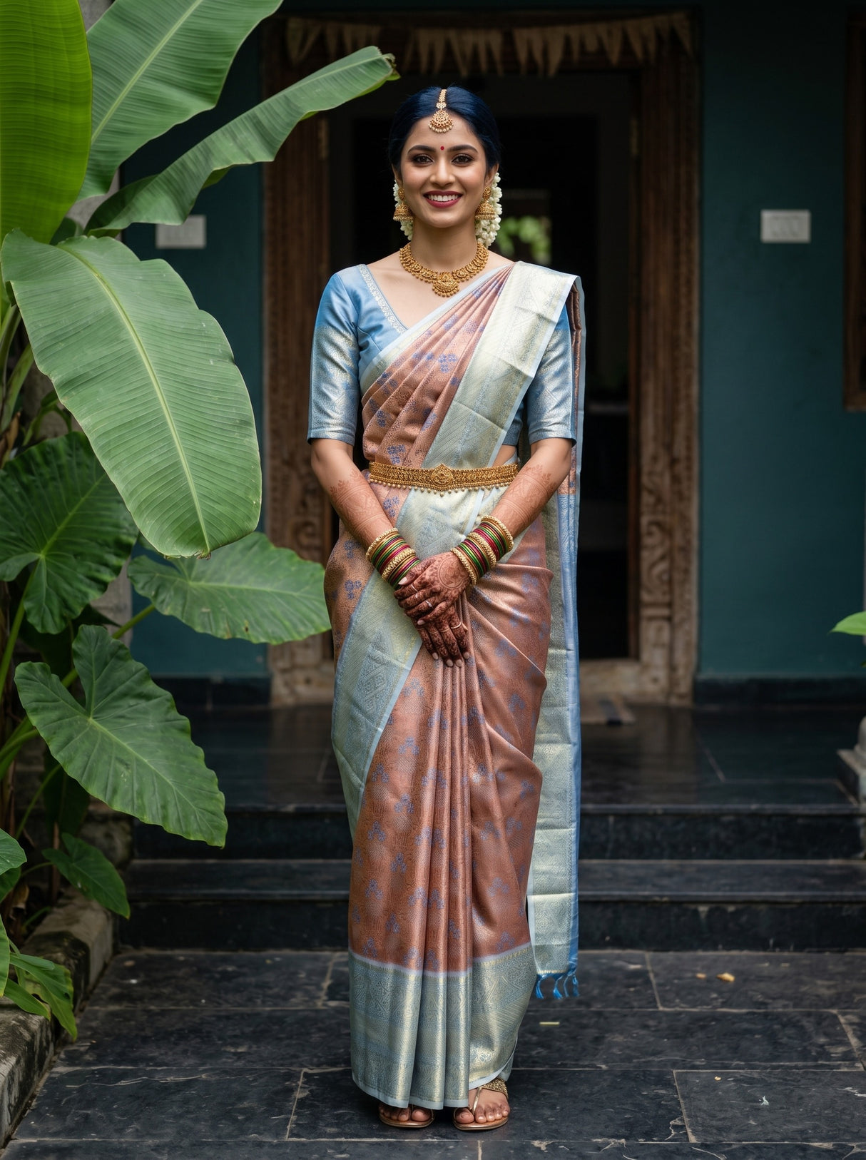 MIMOSA Chocolate Kanjivaram Art Silk Saree — Model lifestyle pose