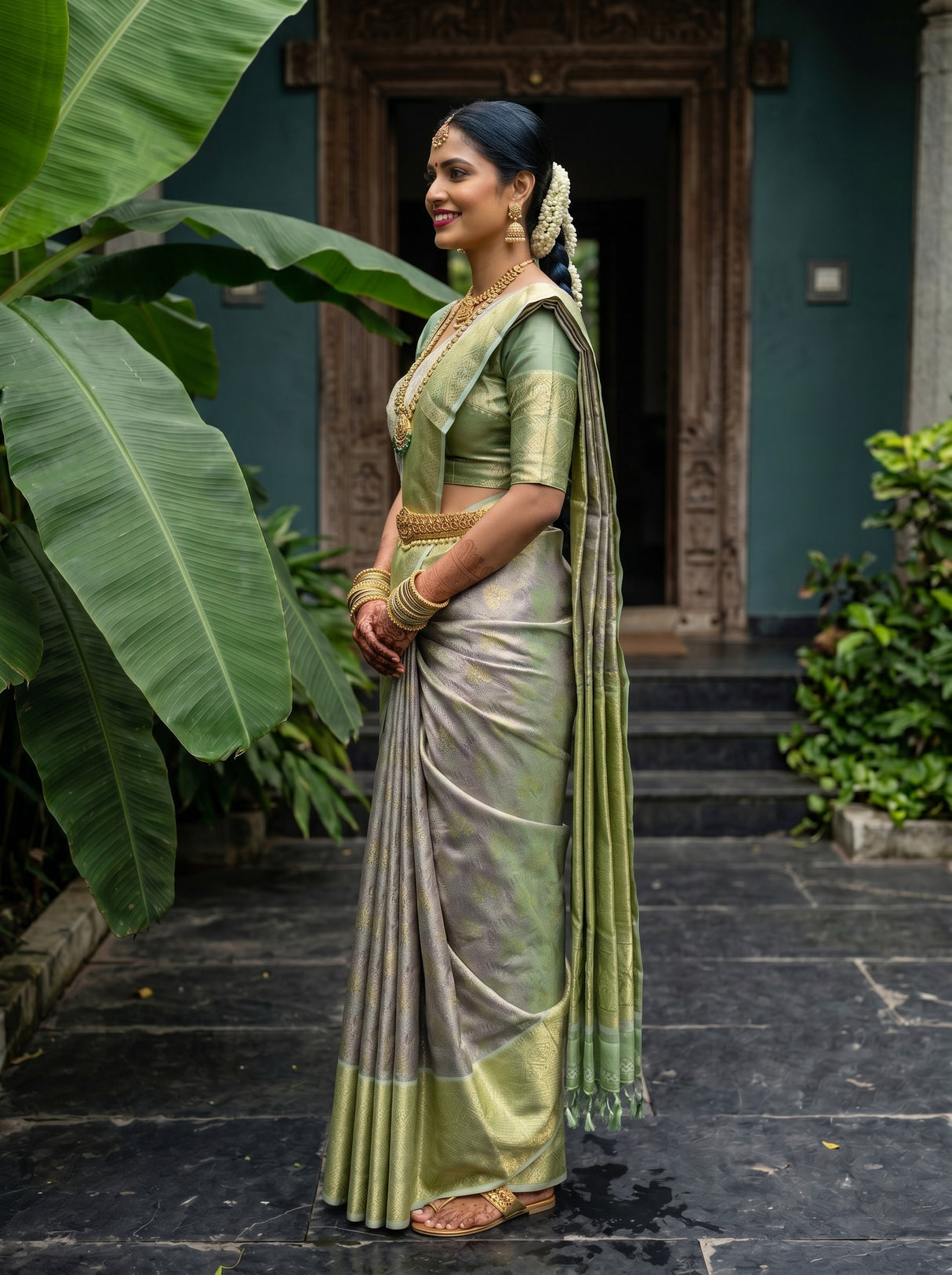 MIMOSA Grey Kanjivaram Art Silk Saree — pose 3 styling detail