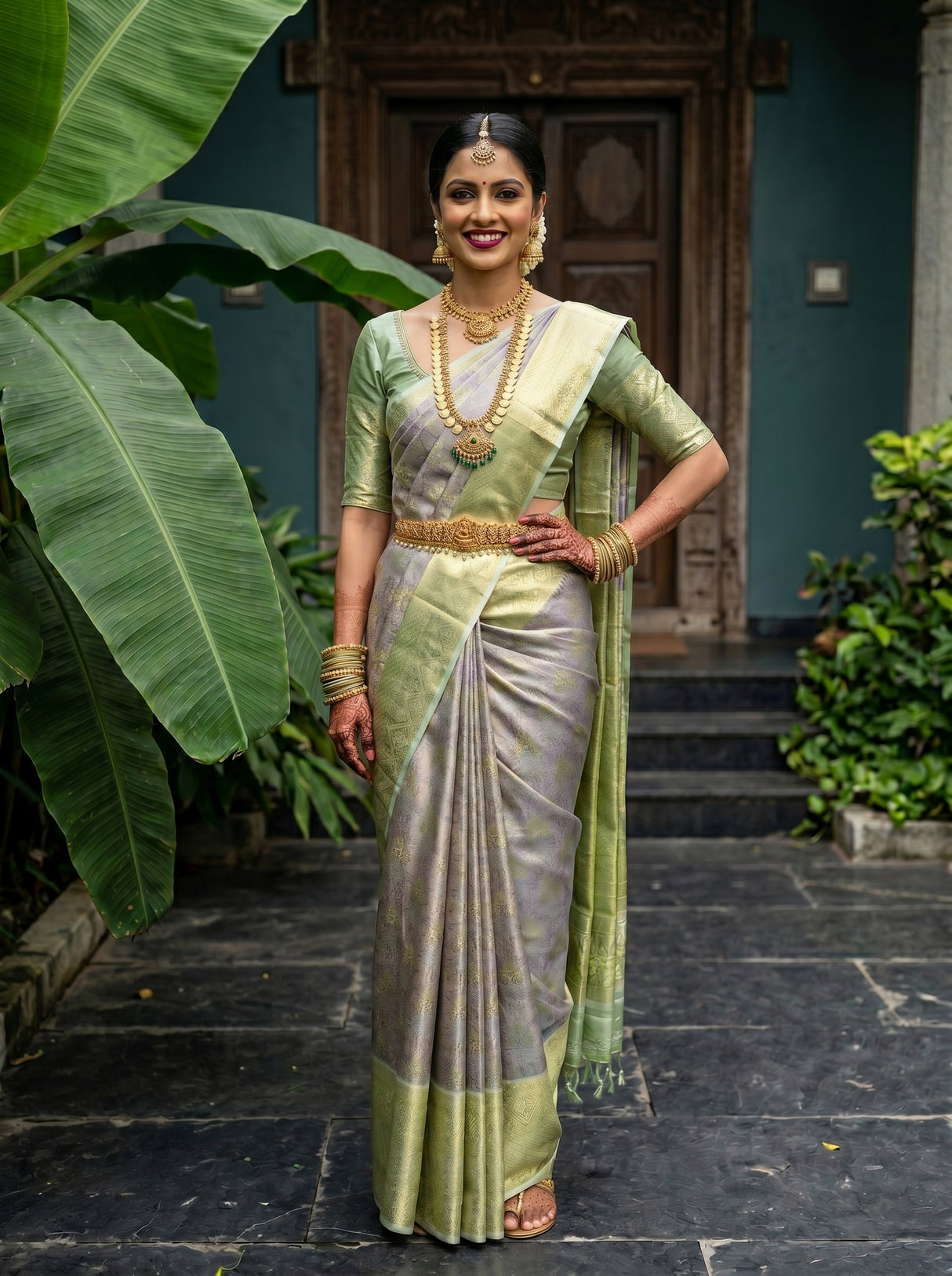 MIMOSA Grey Kanjivaram Art Silk Saree — pose 4 styling detail