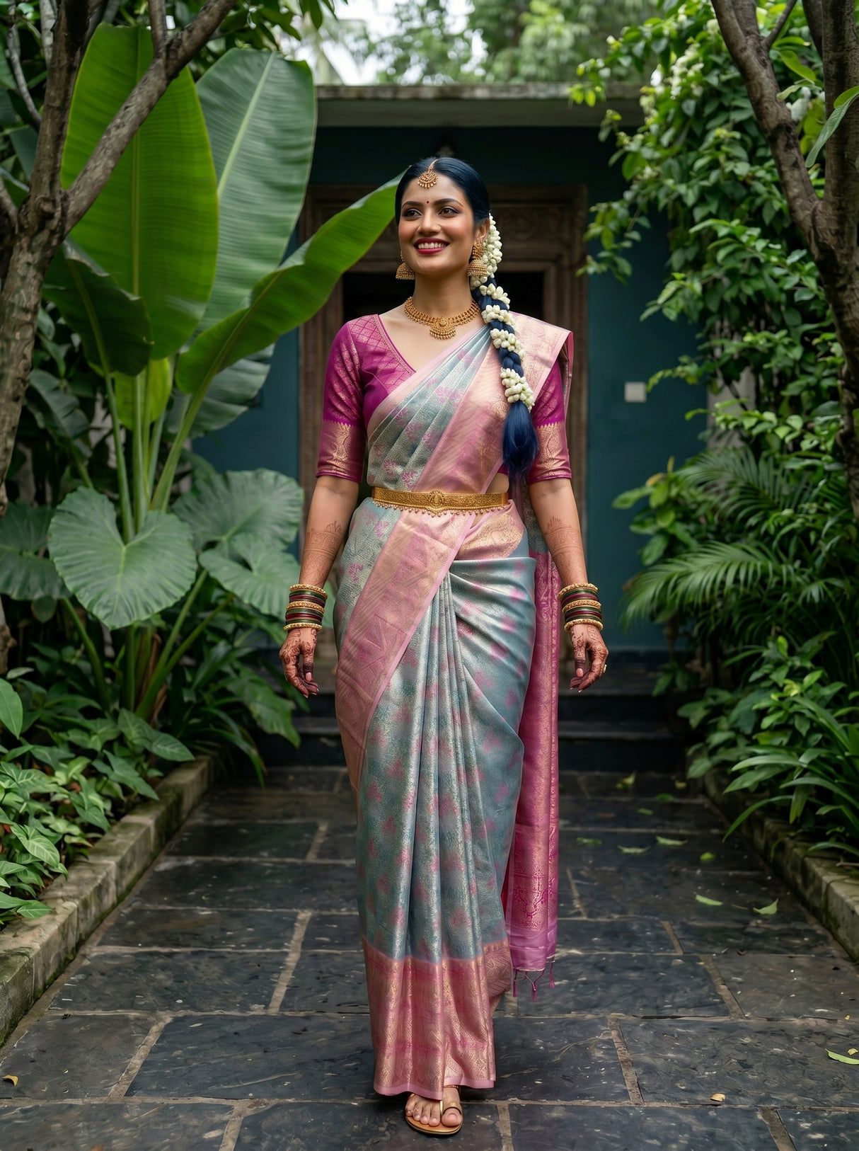 MIMOSA Sapphire Kanjivaram Art Silk Saree — pose 6 styling detail