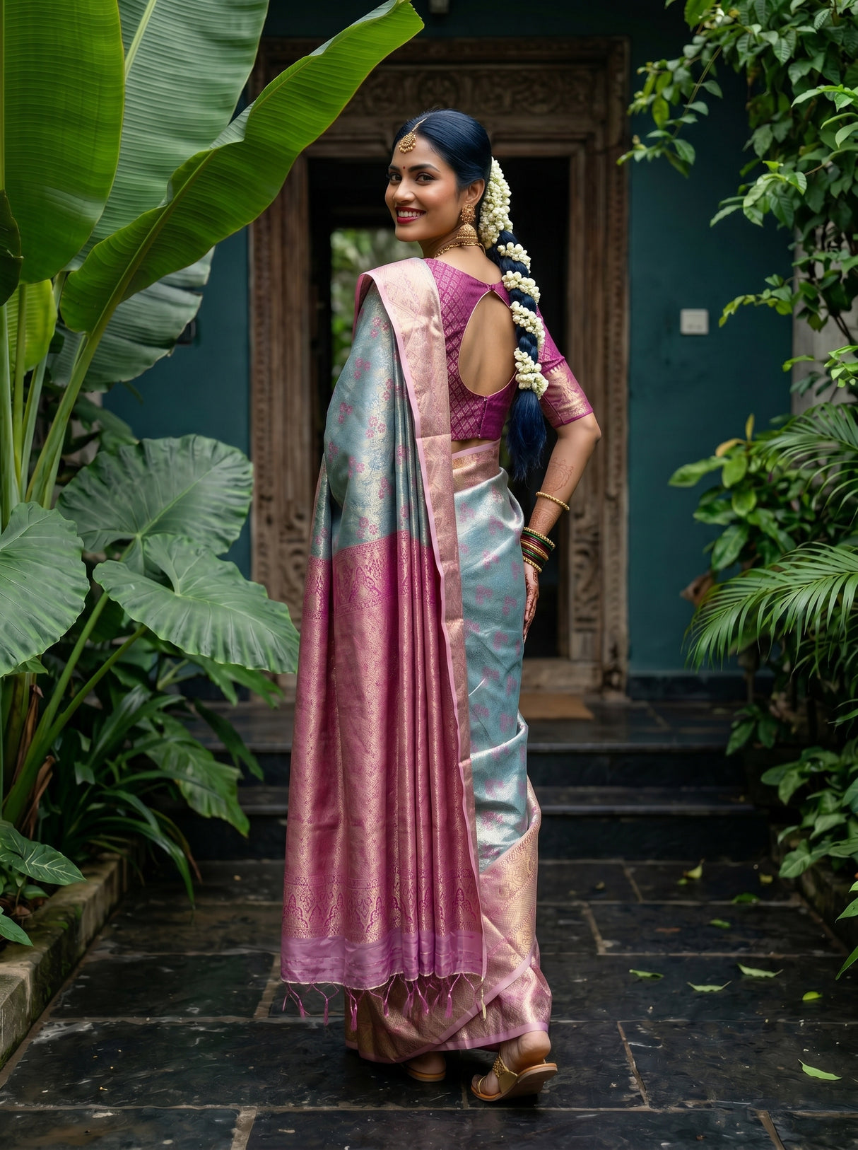 MIMOSA Sapphire Kanjivaram Art Silk Saree — pose 7 styling detail
