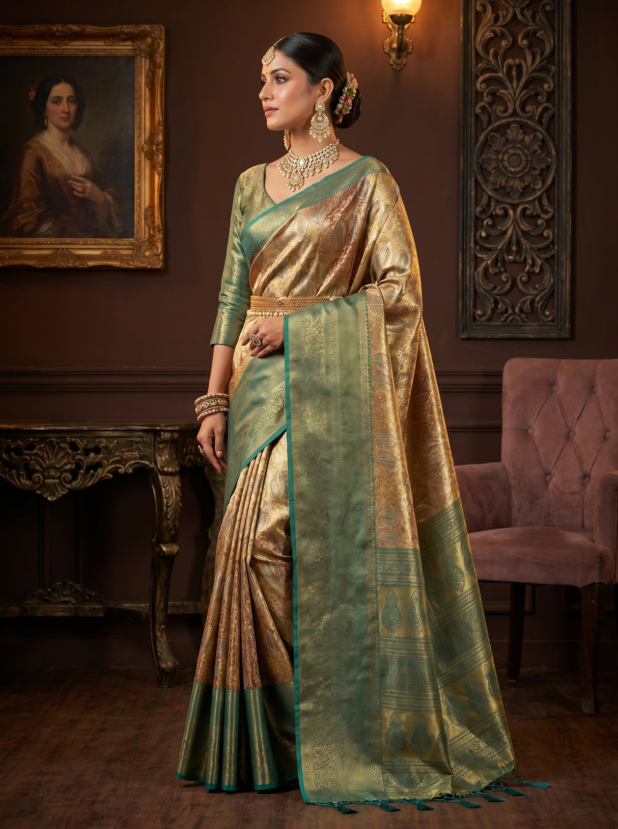 MIMOSA Maroon Kanjivaram Saree — Full View on AI Model