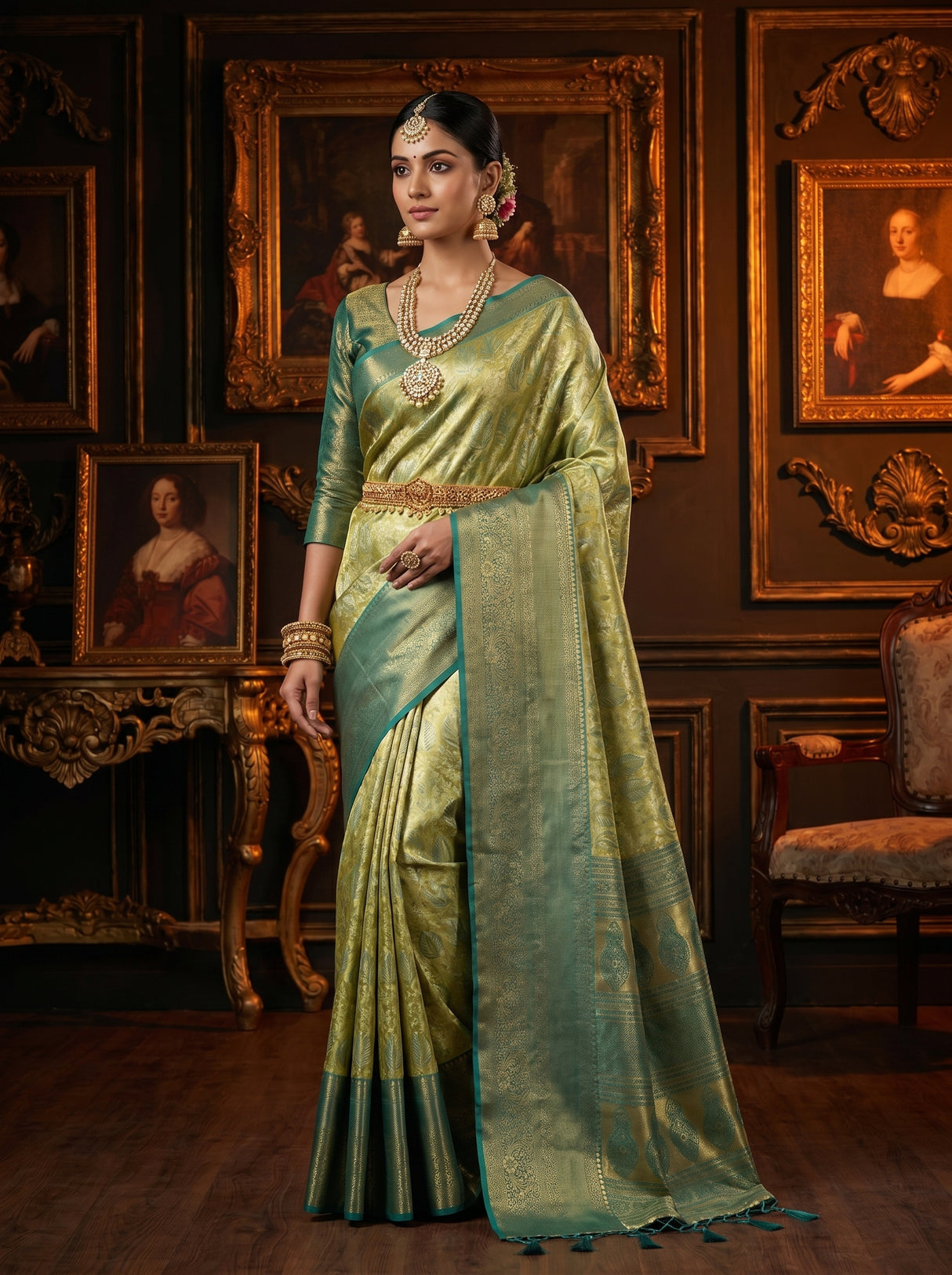 MIMOSA Olive Kanjivaram Art Silk Saree — pose 5 styling detail