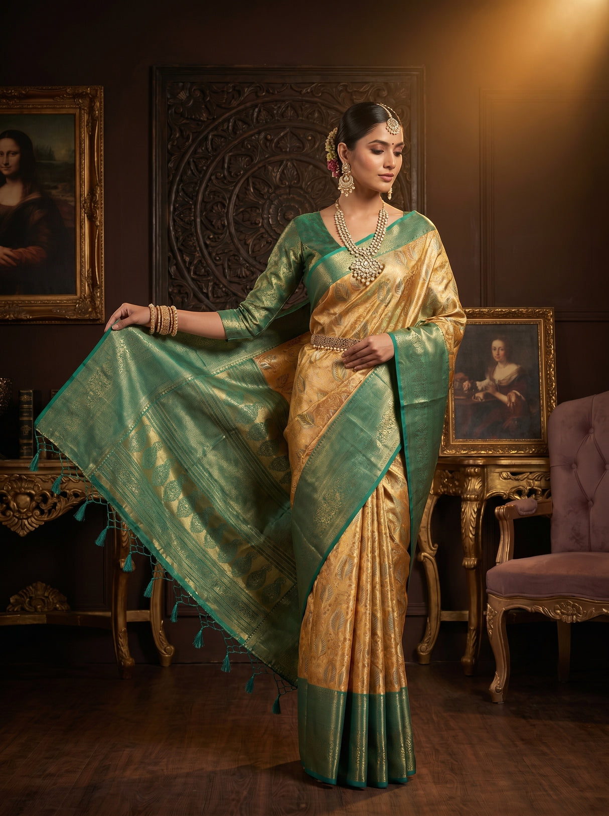 MIMOSA Orange Kanjivaram Saree — Full View on AI Model