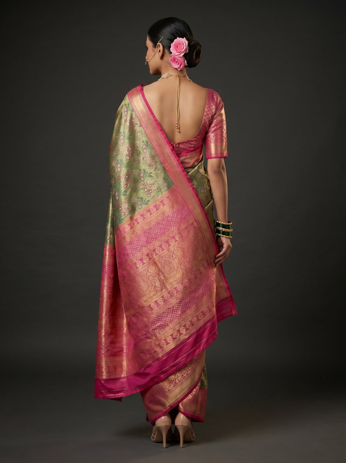 MIMOSA Green Kanjivaram Saree β Unstitched Pink Blouse Fabric