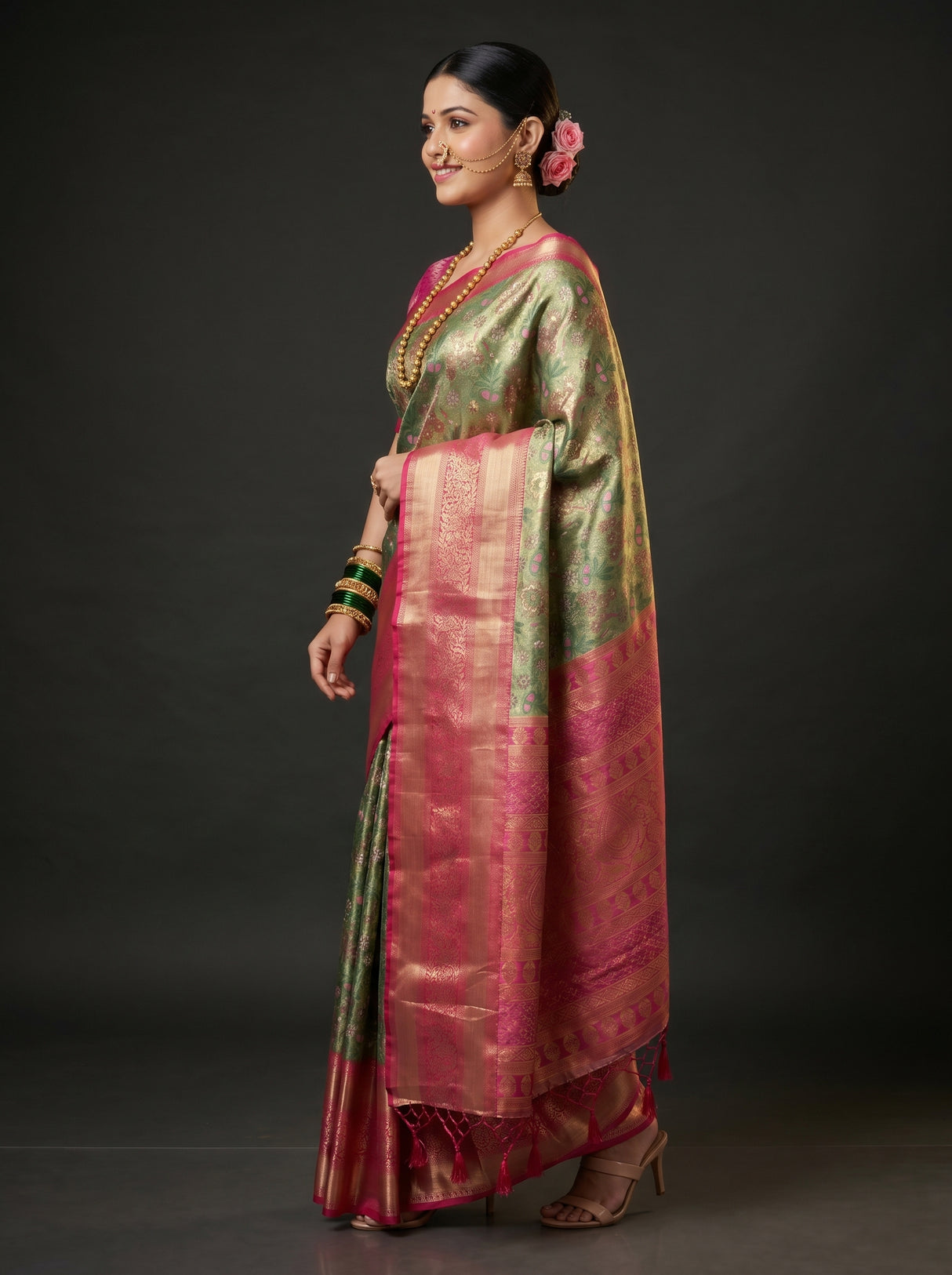 MIMOSA Green Kanjivaram Art Silk Saree β Model Lifestyle Pose