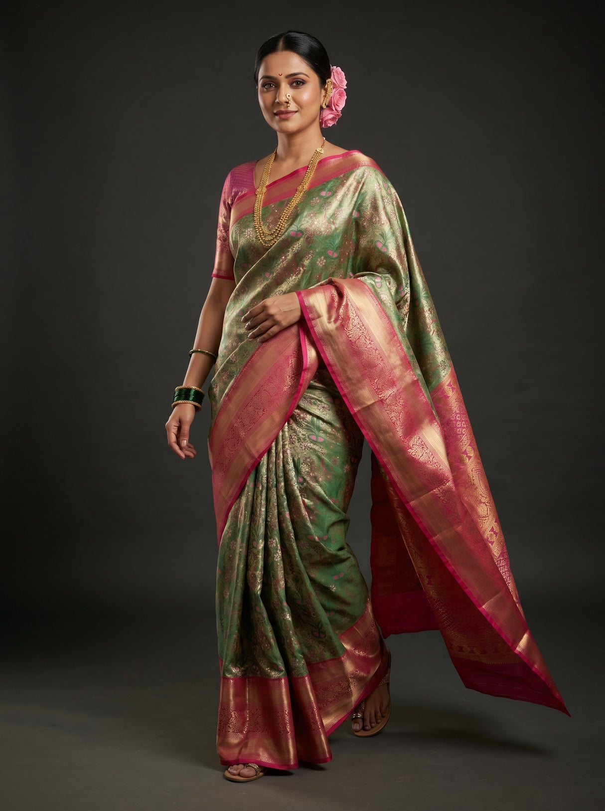 MIMOSA Green Kanjivaram Art Silk Saree β pose 6 styling detail