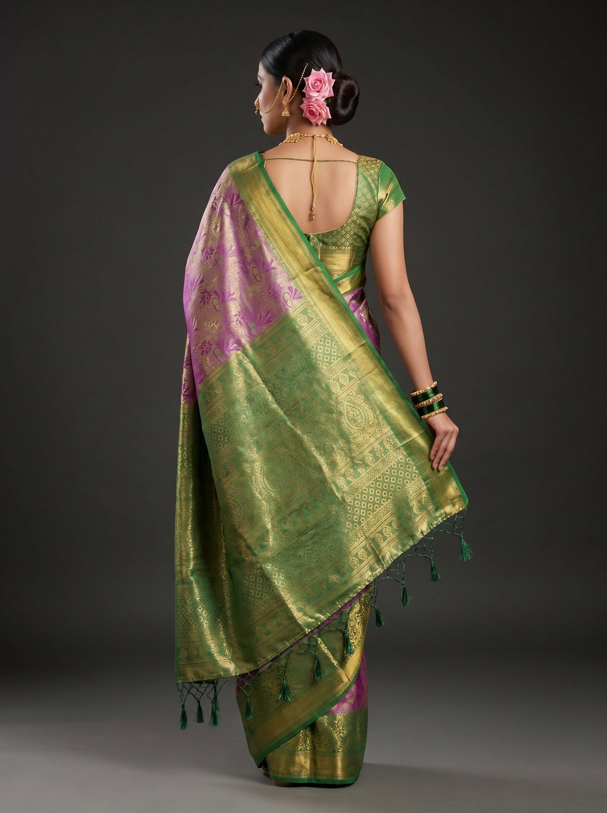 MIMOSA Magenta Kanjivaram Saree β Unstitched Green Blouse Fabric
