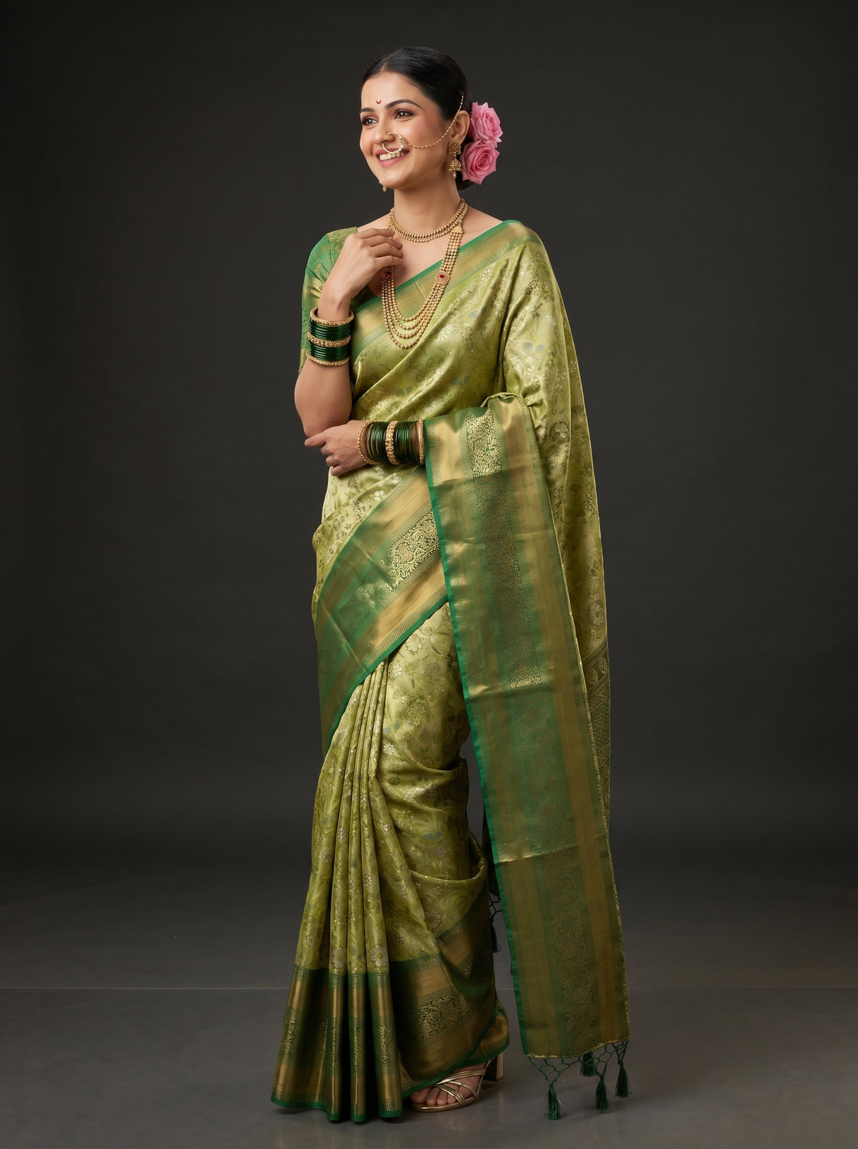 MIMOSA Olive Kanjivaram Art Silk Saree β Model Lifestyle Pose
