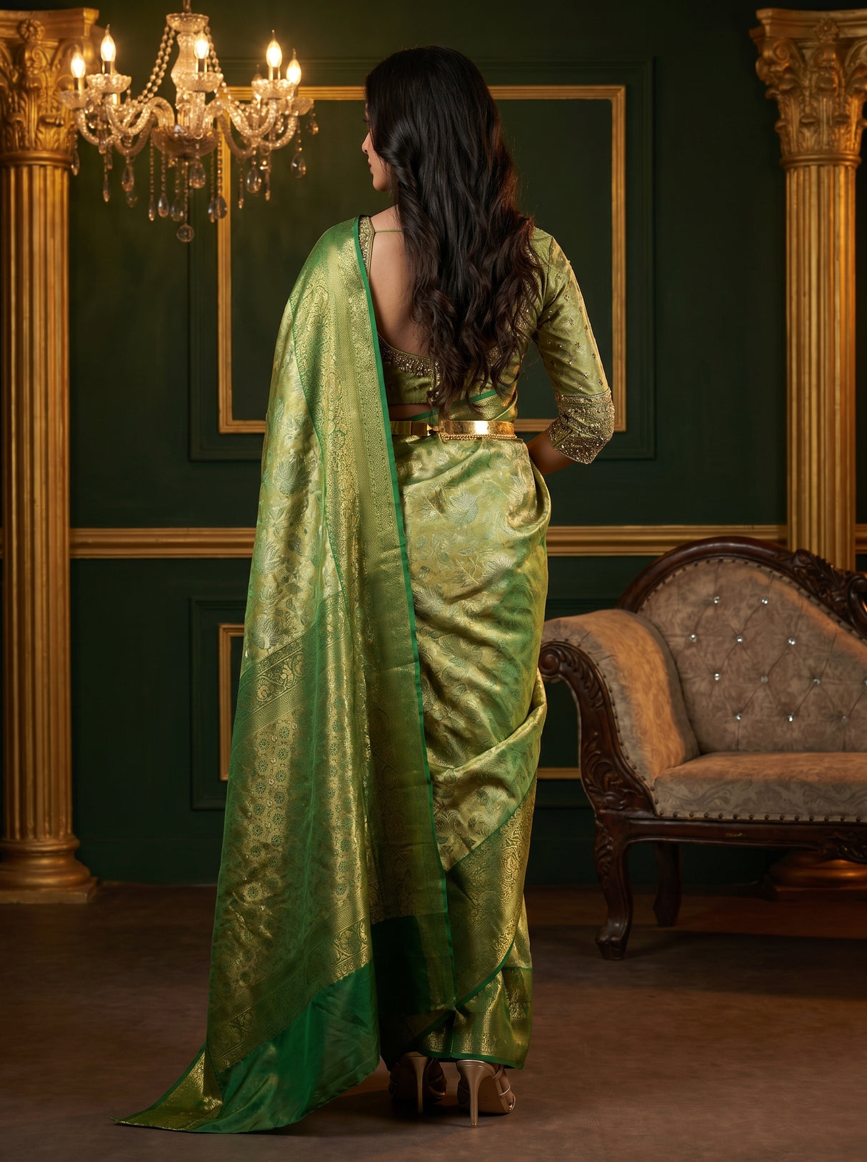 MIMOSA Green Art Silk Blouse Fabric β Unstitched Piece View