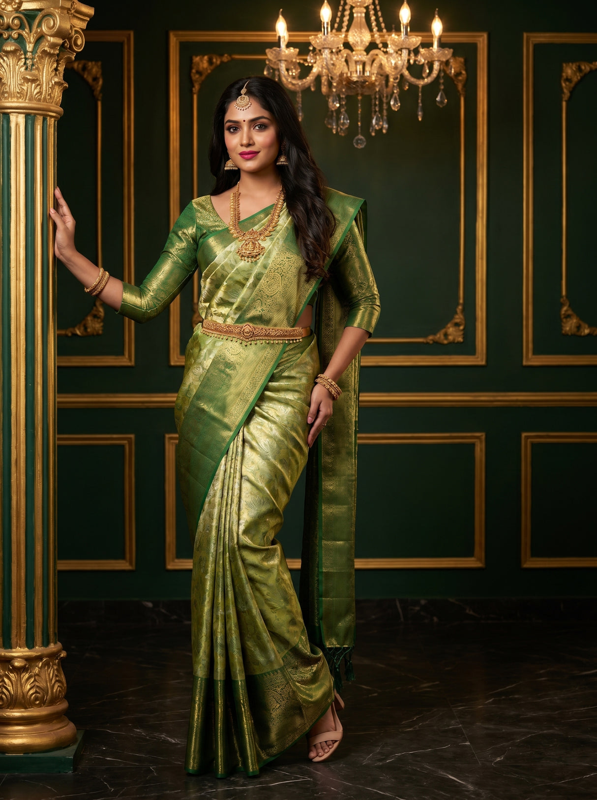 MIMOSA Olive Kanjivaram Art Silk Saree β Full View on Model