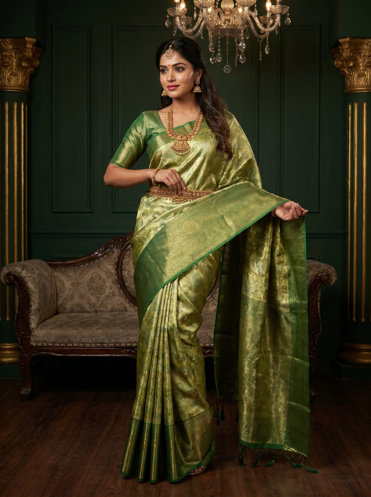 MIMOSA Olive Kanjivaram Art Silk Saree β pose 6 styling detail