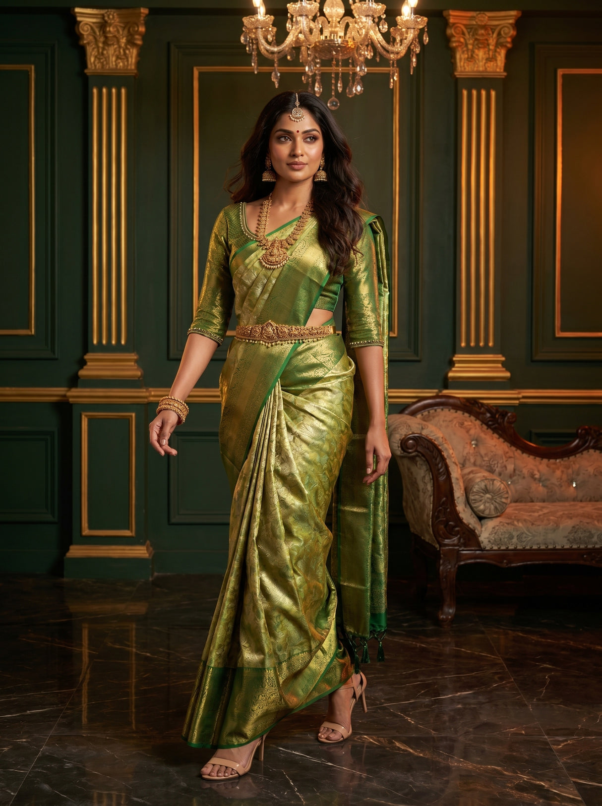 MIMOSA Olive Kanjivaram Art Silk Saree β pose 7 styling detail