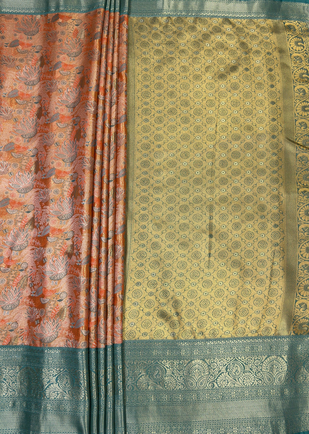 MIMOSA Orange Kanjivaram Art Silk Saree β pallu and zari work detail
