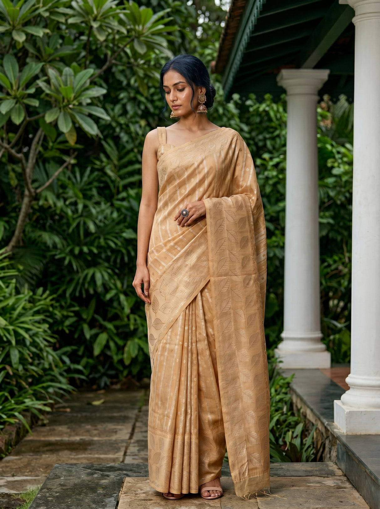 MIMOSA Chiku Banarasi Art Silk Saree — Model lifestyle pose