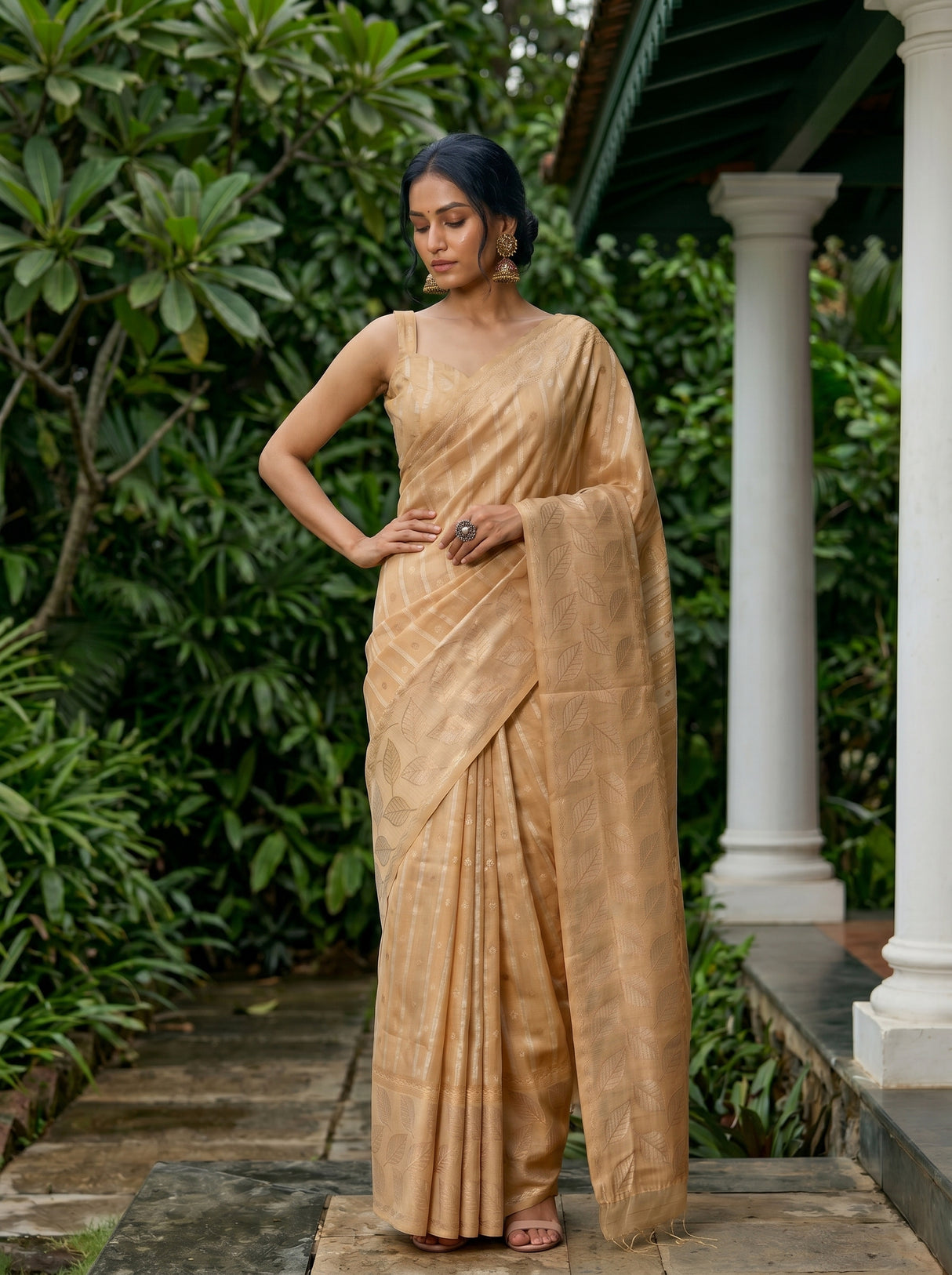 MIMOSA Chiku Banarasi Art Silk Saree — Close-up of saree pallu and border