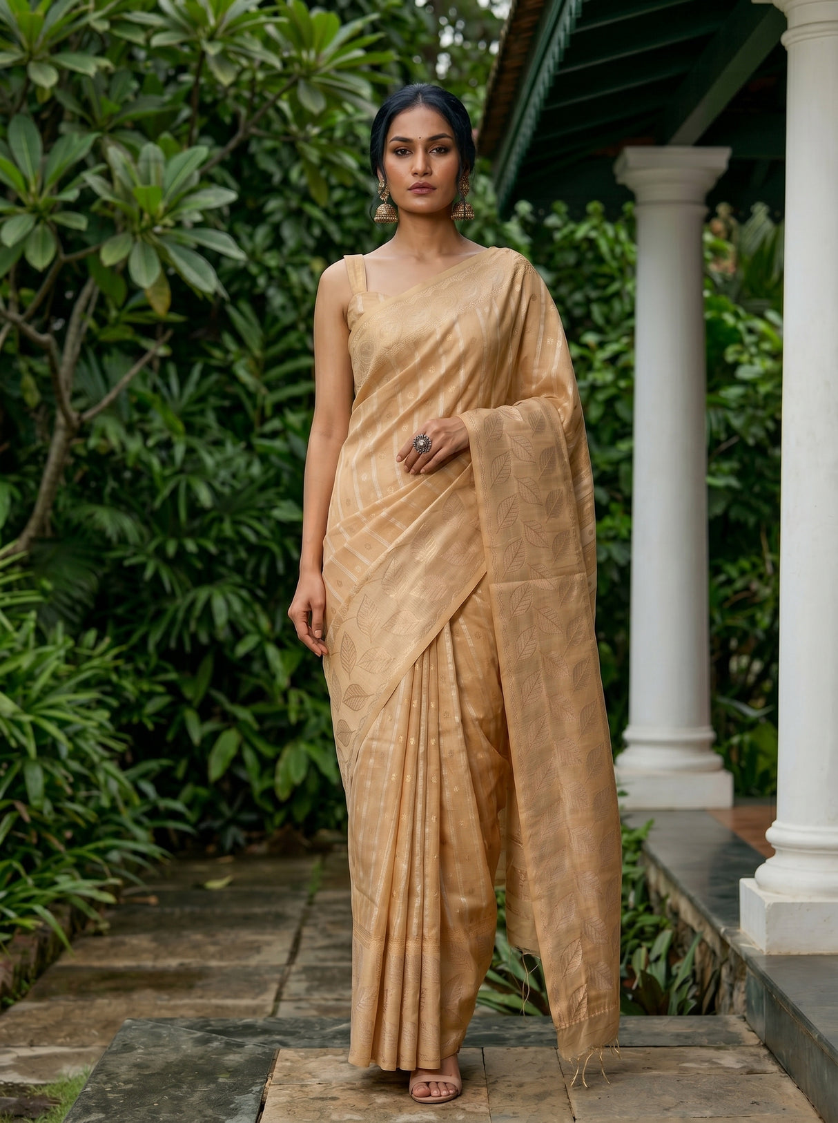 MIMOSA Chiku Banarasi Saree — pose 6 styling detail