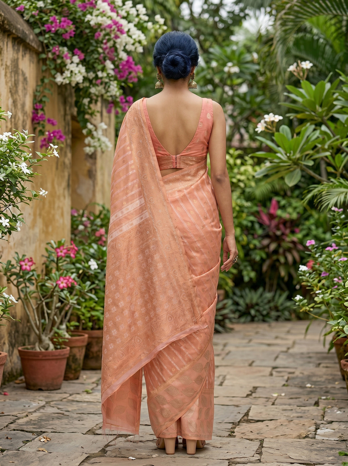 MIMOSA Pink Banarasi Art Silk Saree — Close-up of model's face and earrings
