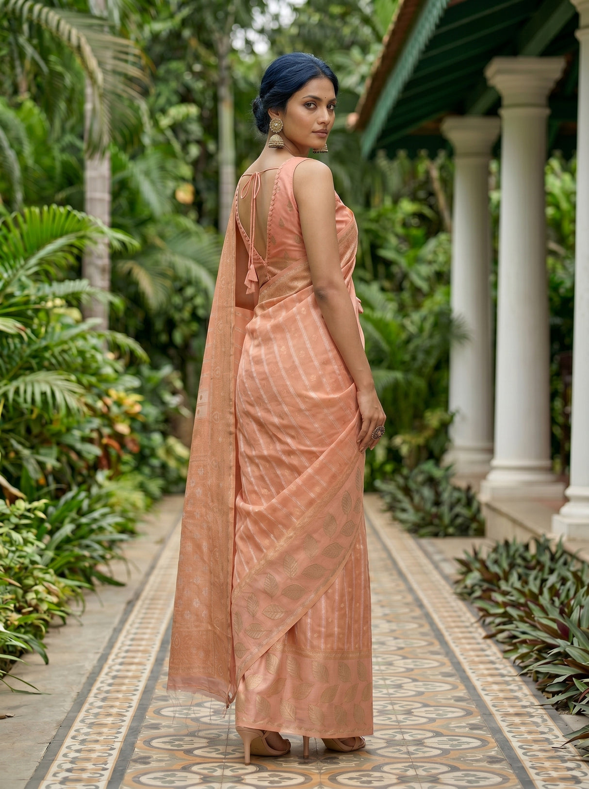 MIMOSA Pink Banarasi Art Silk Saree — Close-up of saree pleats and feet