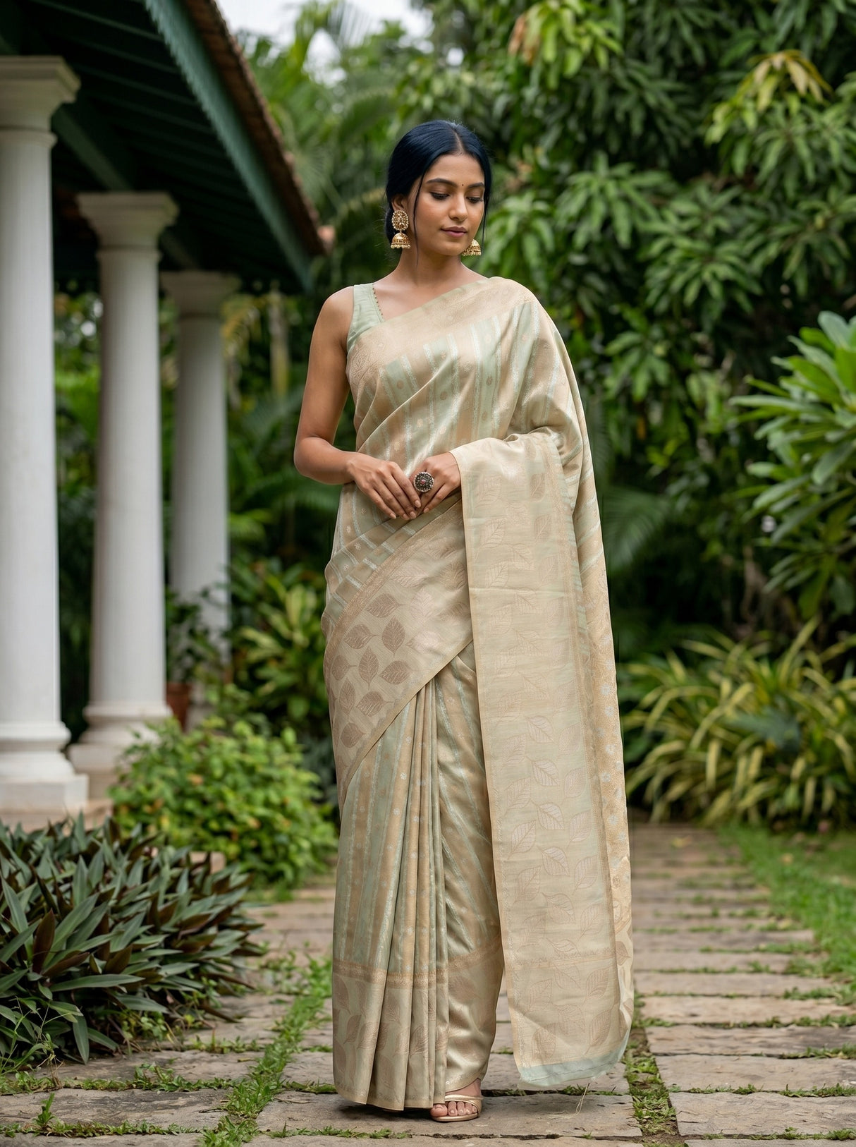 MIMOSA Rama Banarasi Art Silk Saree — Model lifestyle pose