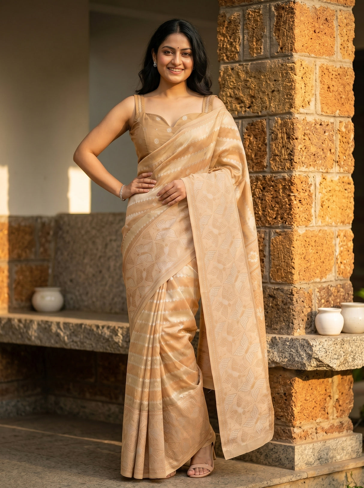 MIMOSA Chiku Banarasi Art Silk Saree — close-up of saree pallu and border