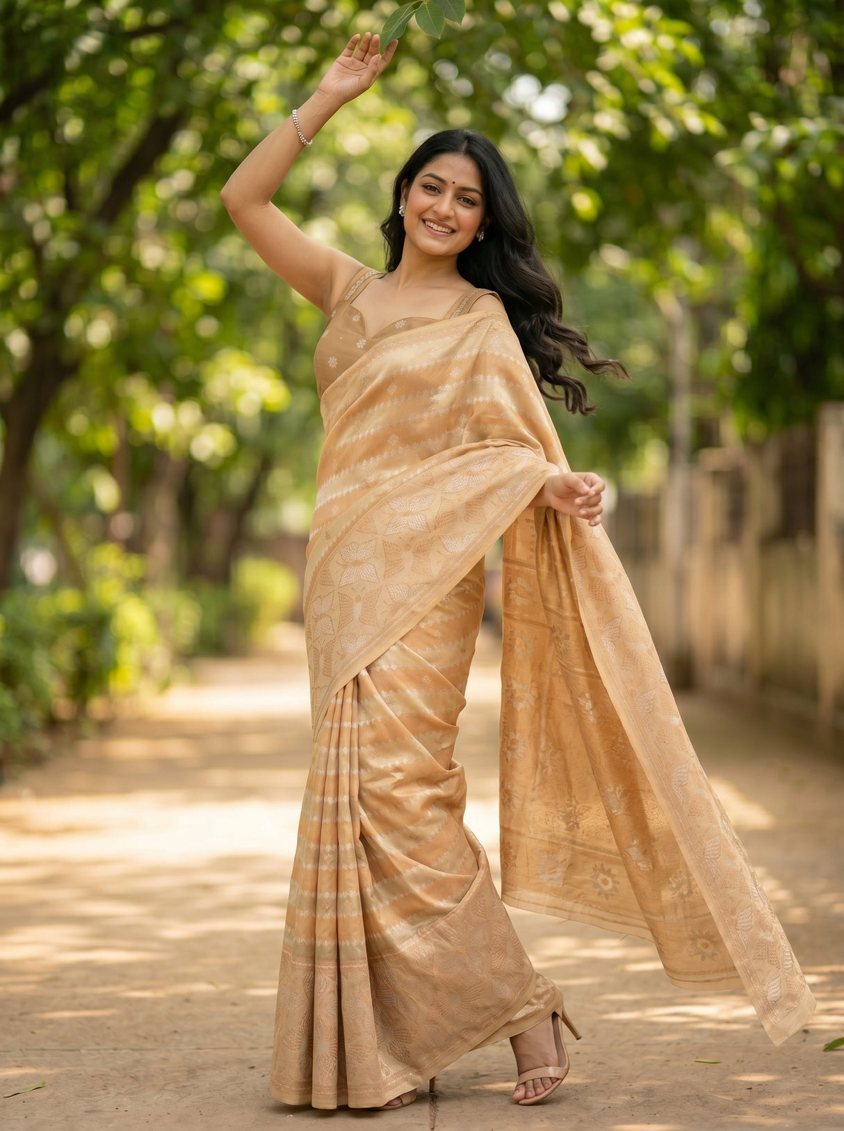 MIMOSA Chiku Banarasi Art Silk Saree — close-up of saree pleats and feet
