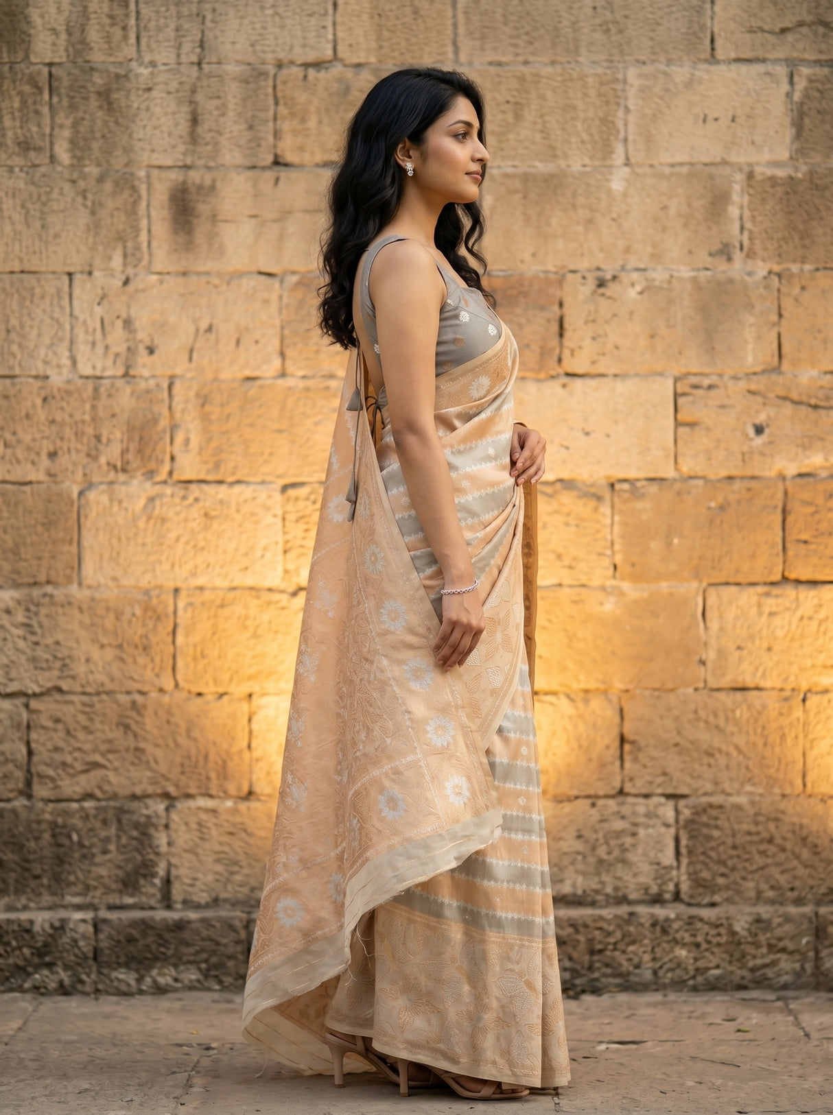 MIMOSA Grey Banarasi Art Silk Saree — close-up of model's torso and saree drape