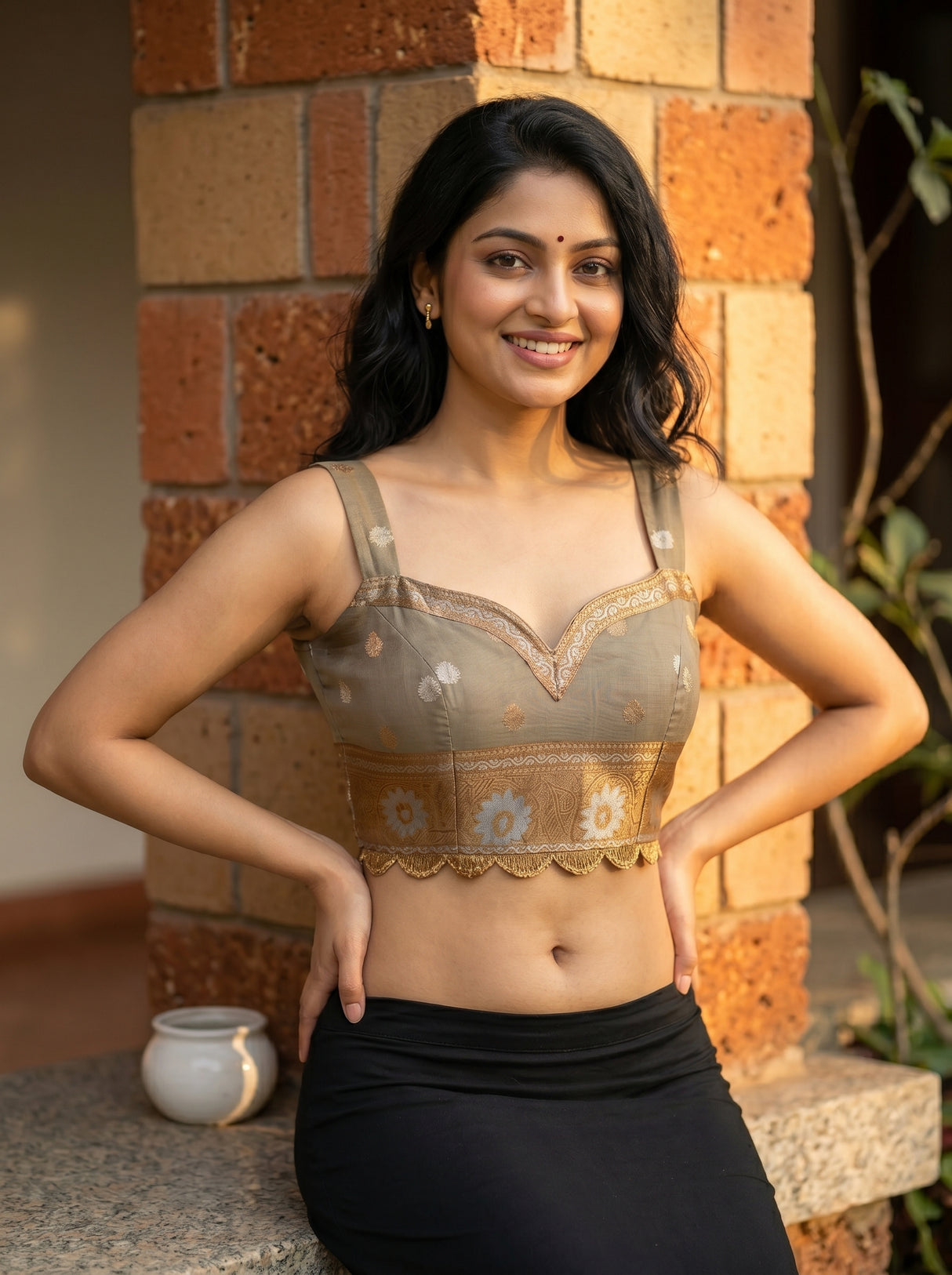 MIMOSA Grey Banarasi Art Silk Saree — blouse close-up