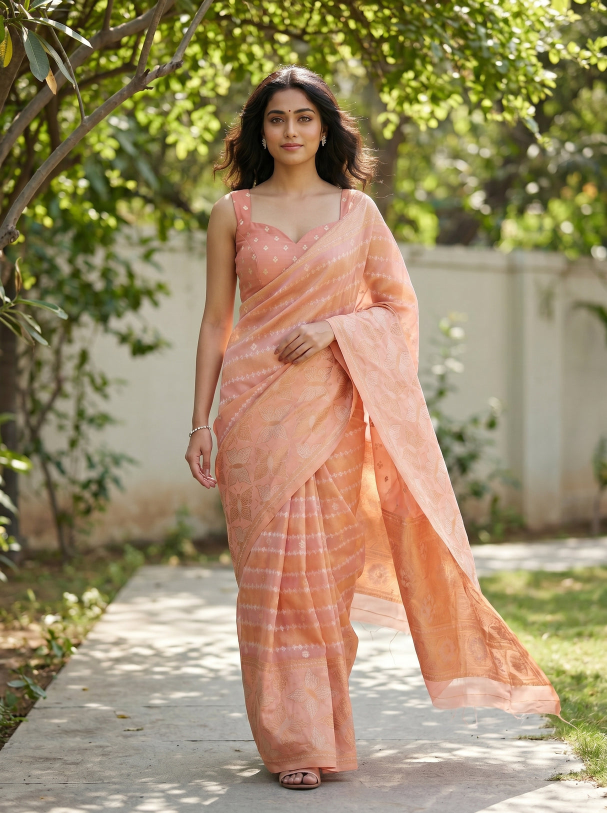MIMOSA Pink Banarasi Art Silk Saree — close-up of saree pleats and feet