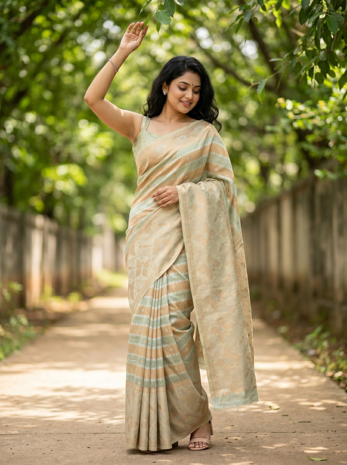 MIMOSA Rama Banarasi Art Silk Saree — AI model standing with arm raised