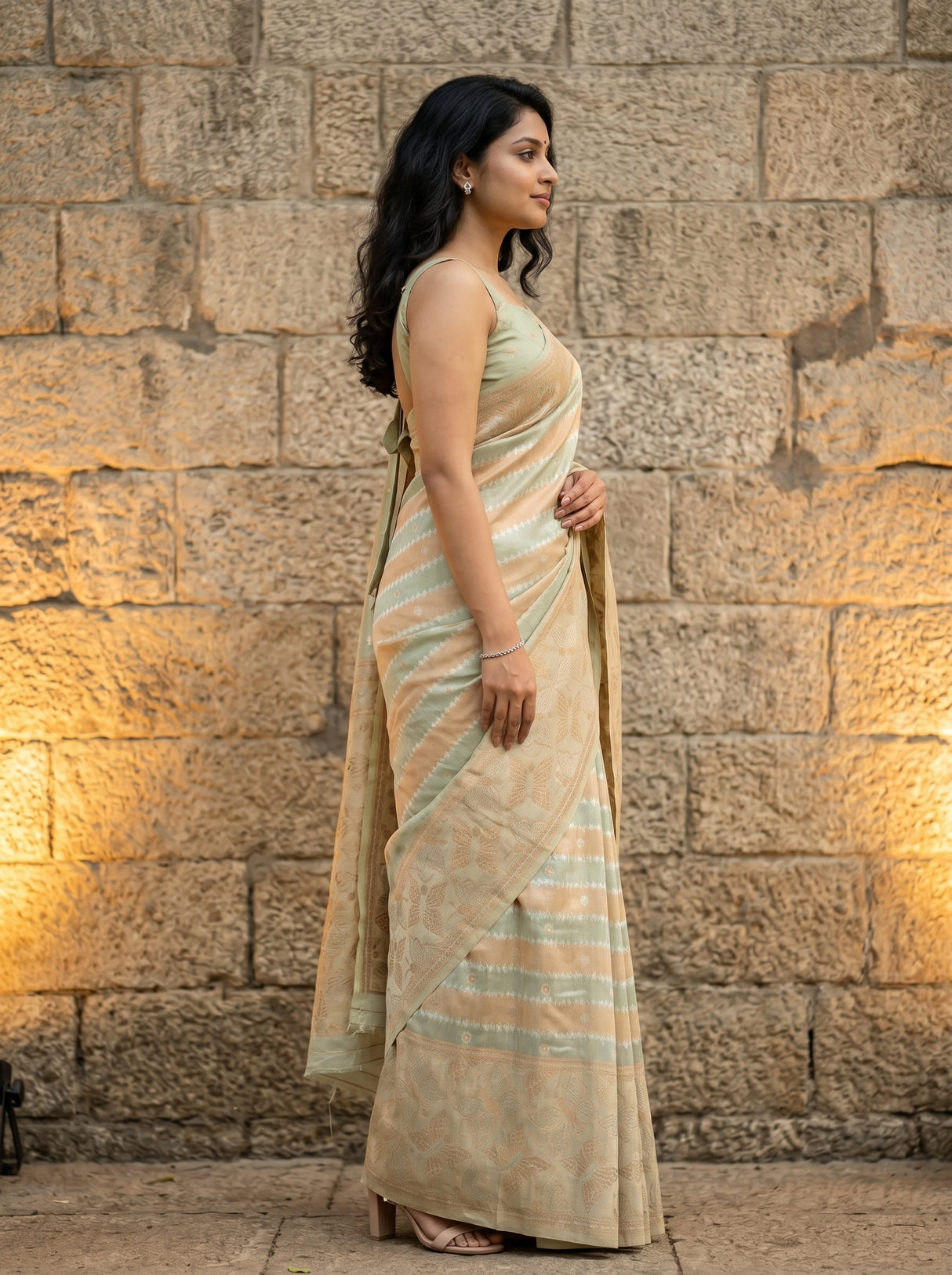 MIMOSA Rama Banarasi Art Silk Saree — close-up of model's torso and saree drape