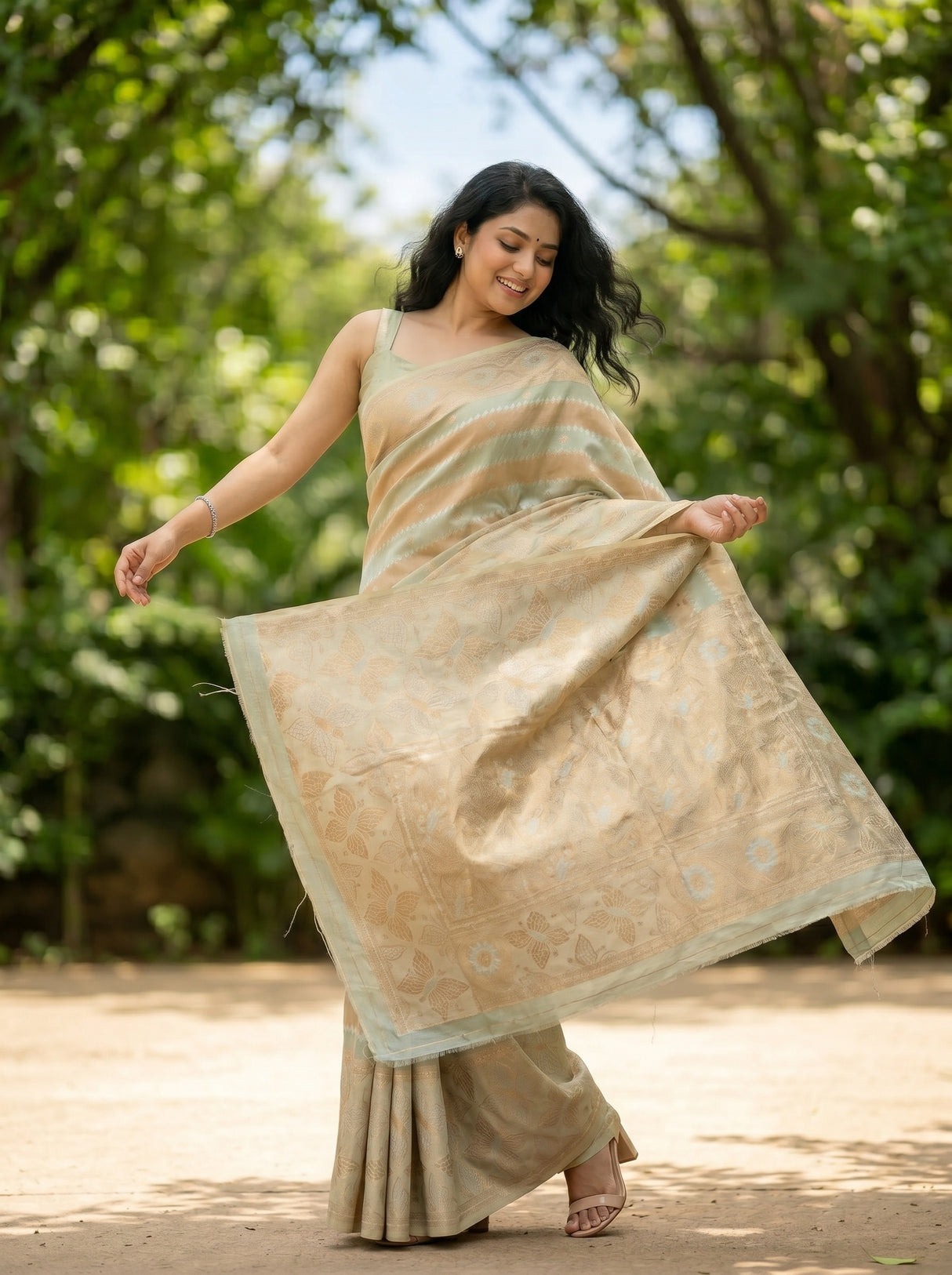 MIMOSA Rama Banarasi Art Silk Saree — close-up of saree pleats and feet