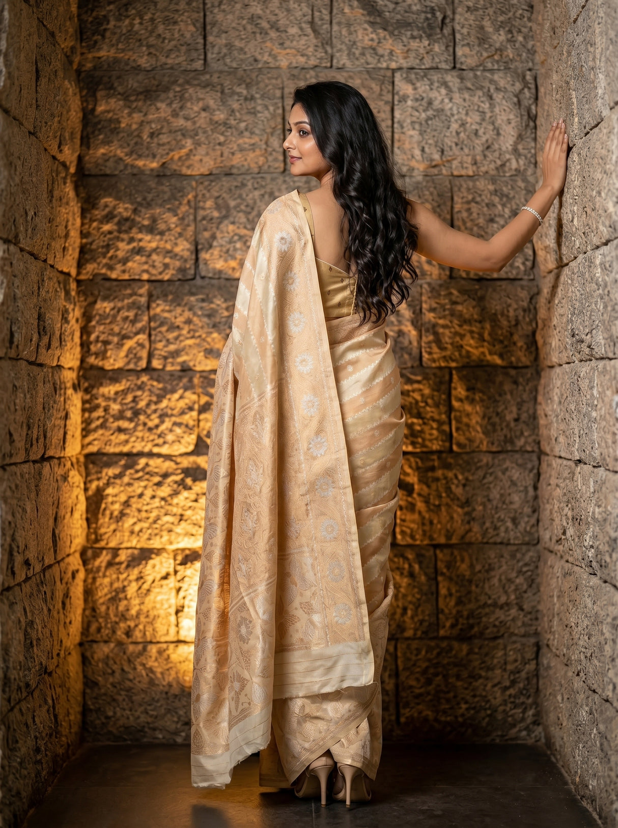 MIMOSA Tussar Banarasi Art Silk Saree — close-up of model's face and arm