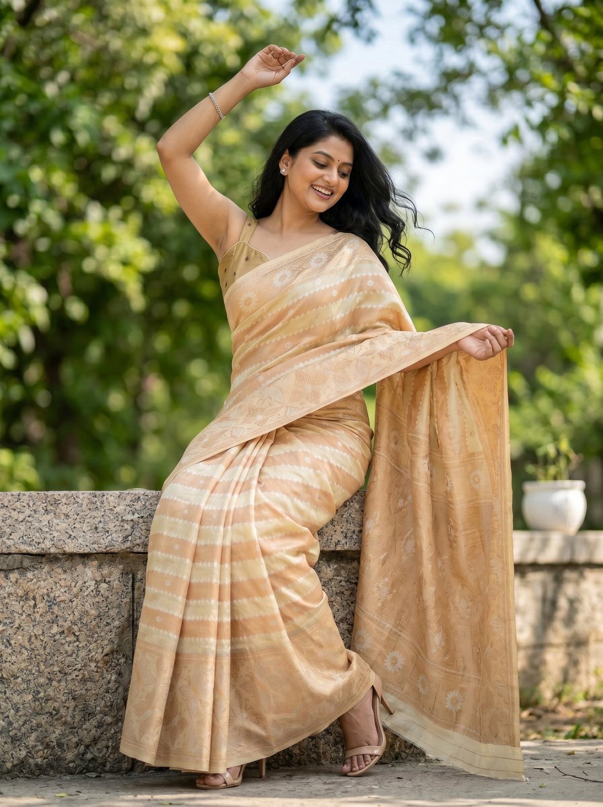 MIMOSA Tussar Banarasi Art Silk Saree — close-up of saree pleats and feet